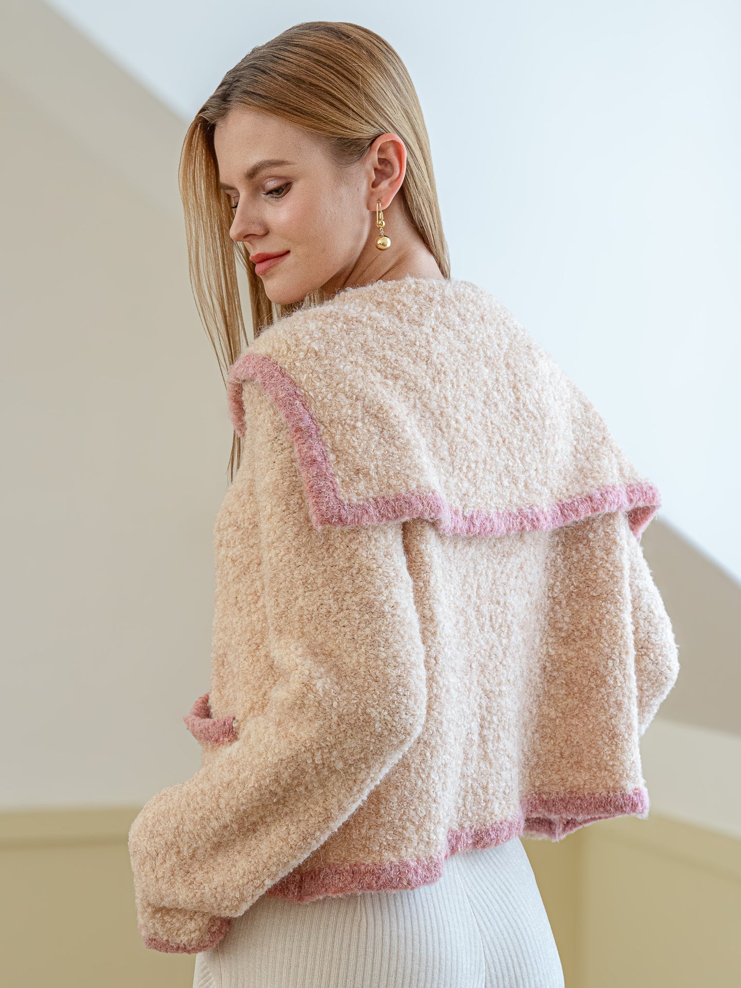 Wool Blend Cozy Blush-Trimmed Sweater Jacket (2S-2M-2L)