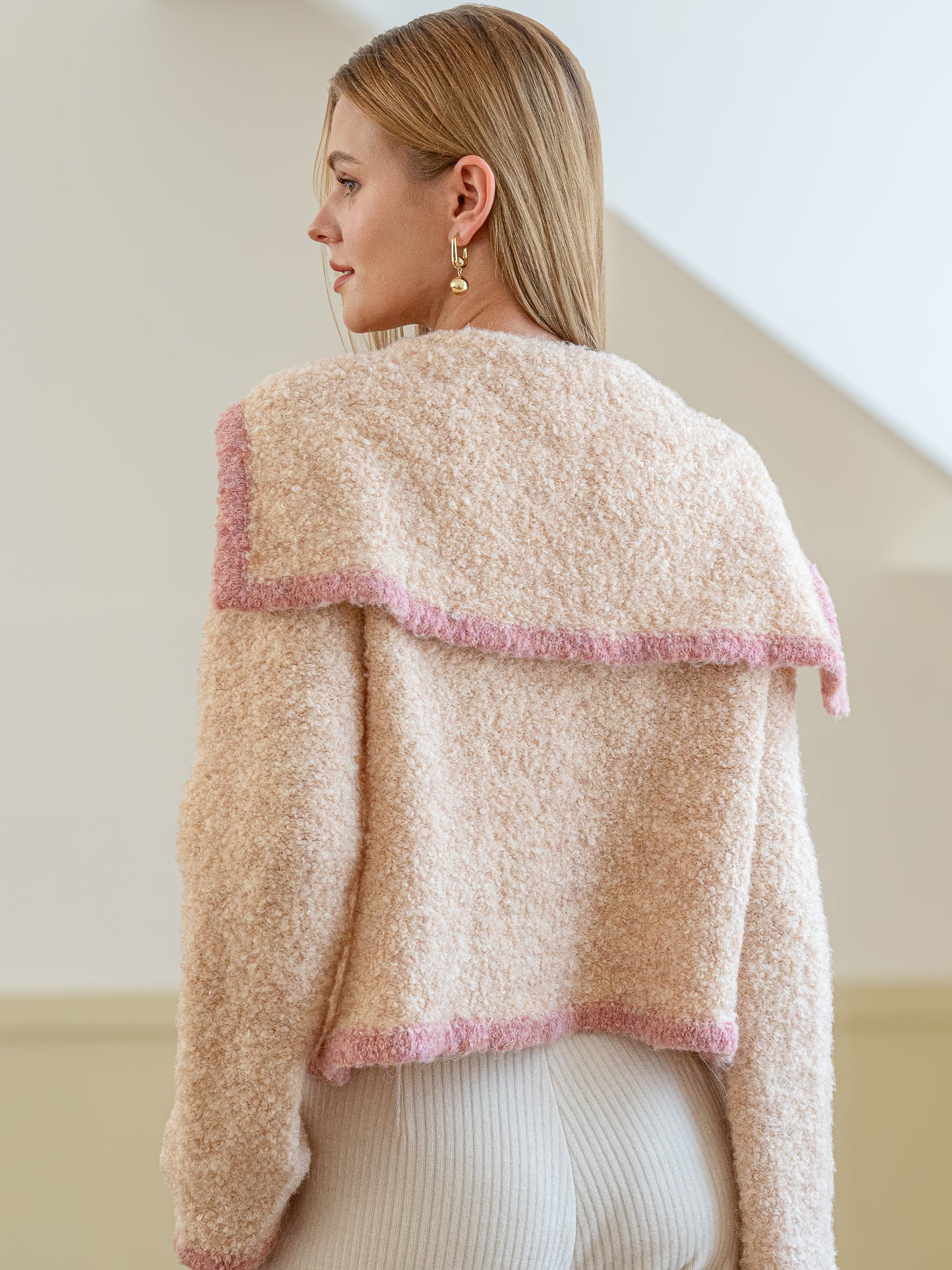 Wool Blend Cozy Blush-Trimmed Sweater Jacket (2S-2M-2L)