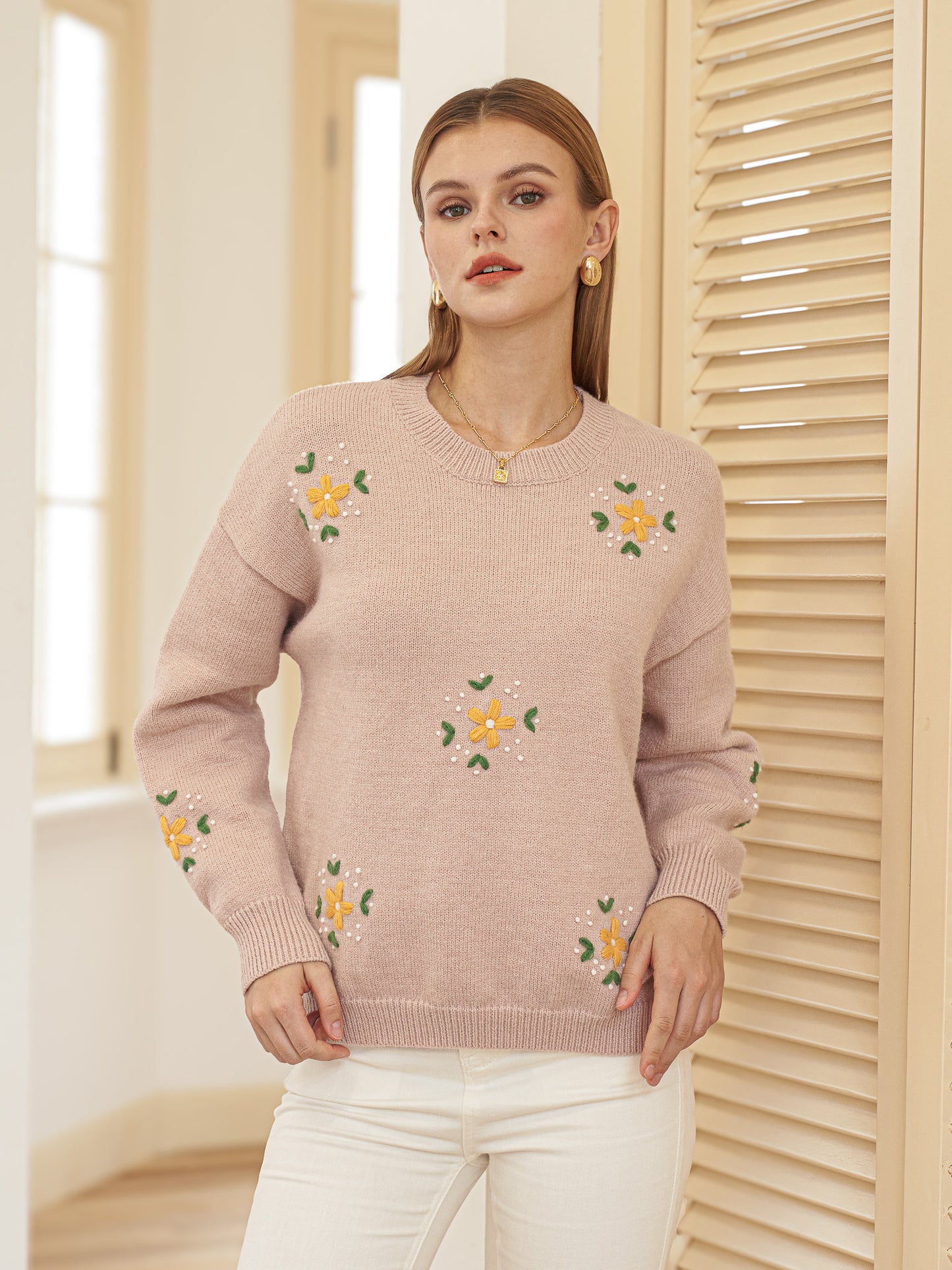 Light Pink Sweater with Embroidered Flowers (2S-2M-2L)