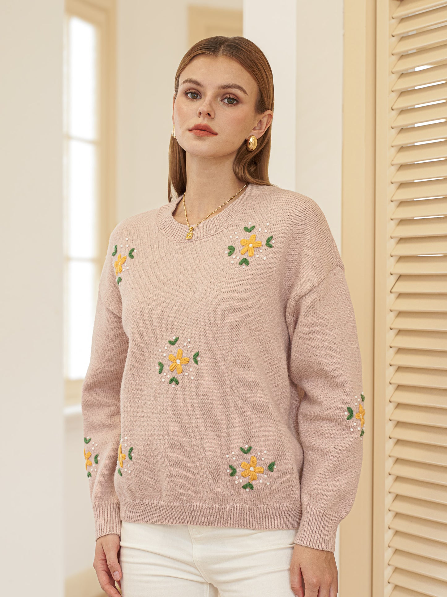 Light Pink Sweater with Embroidered Flowers (2S-2M-2L)