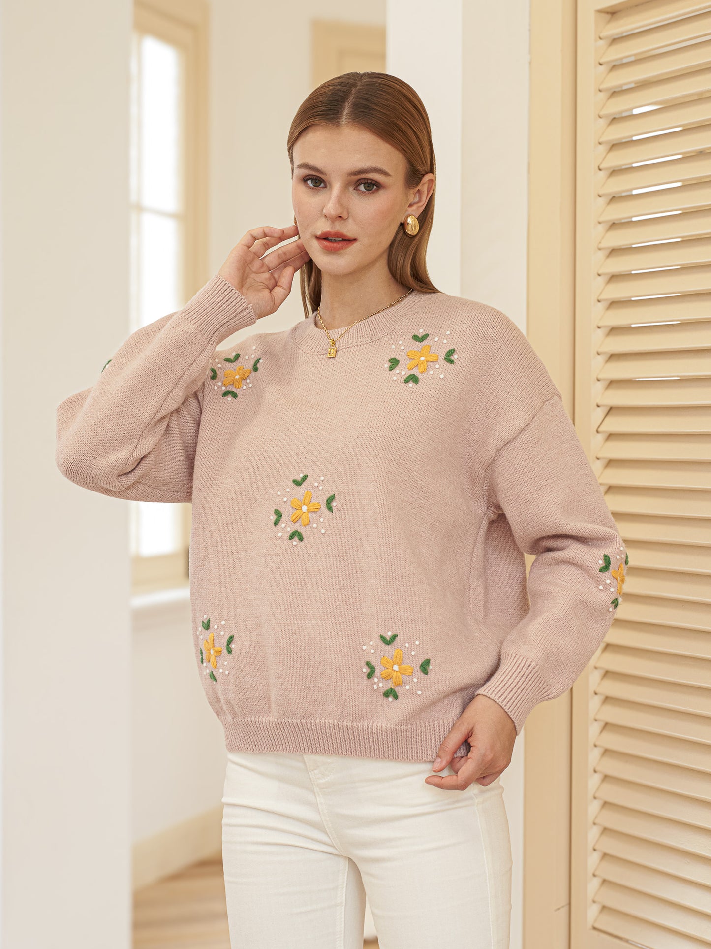 Light Pink Sweater with Embroidered Flowers (2S-2M-2L)