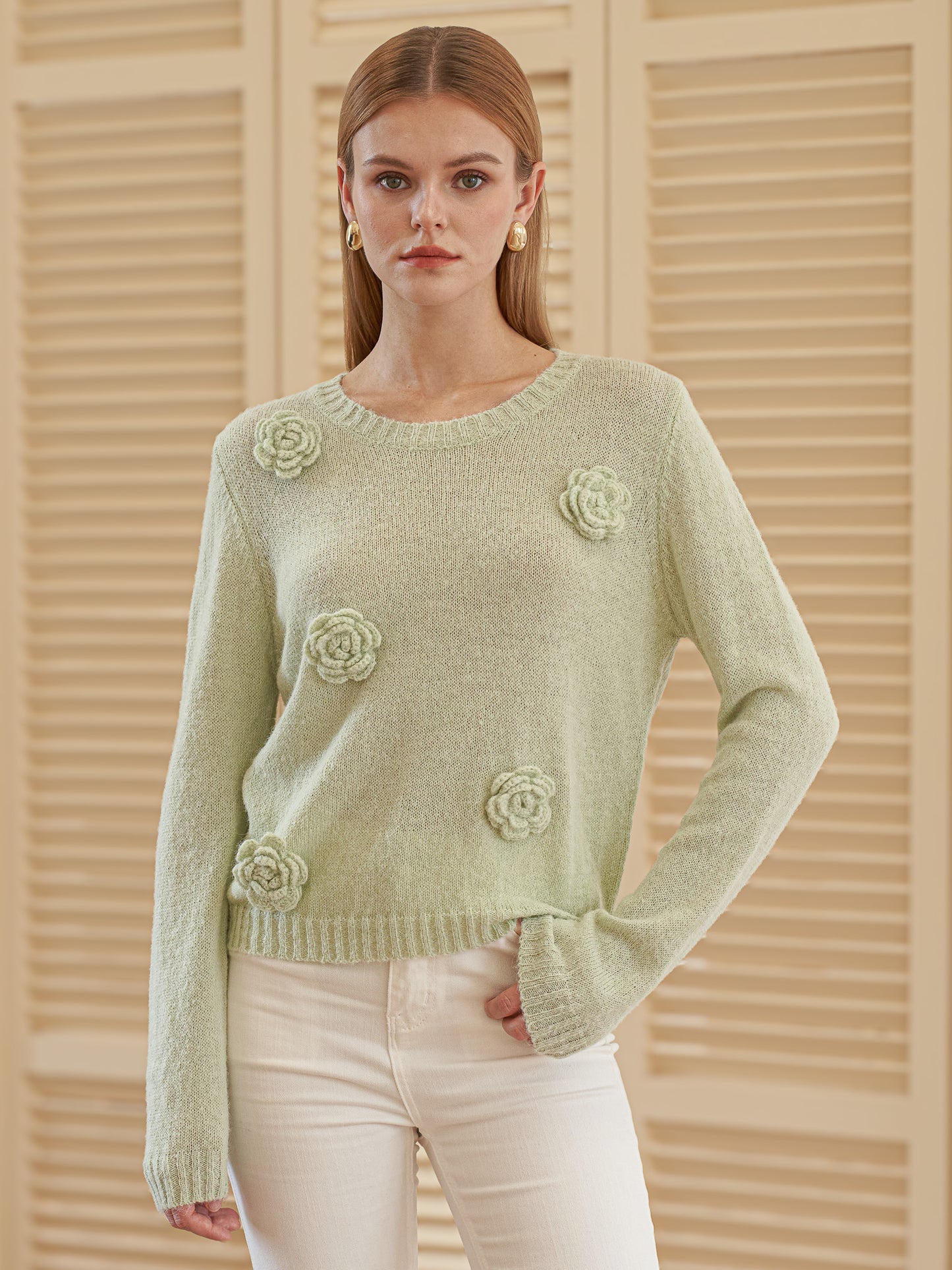 Light Green Sweater with 3D Flowers (2S-2M-2L)