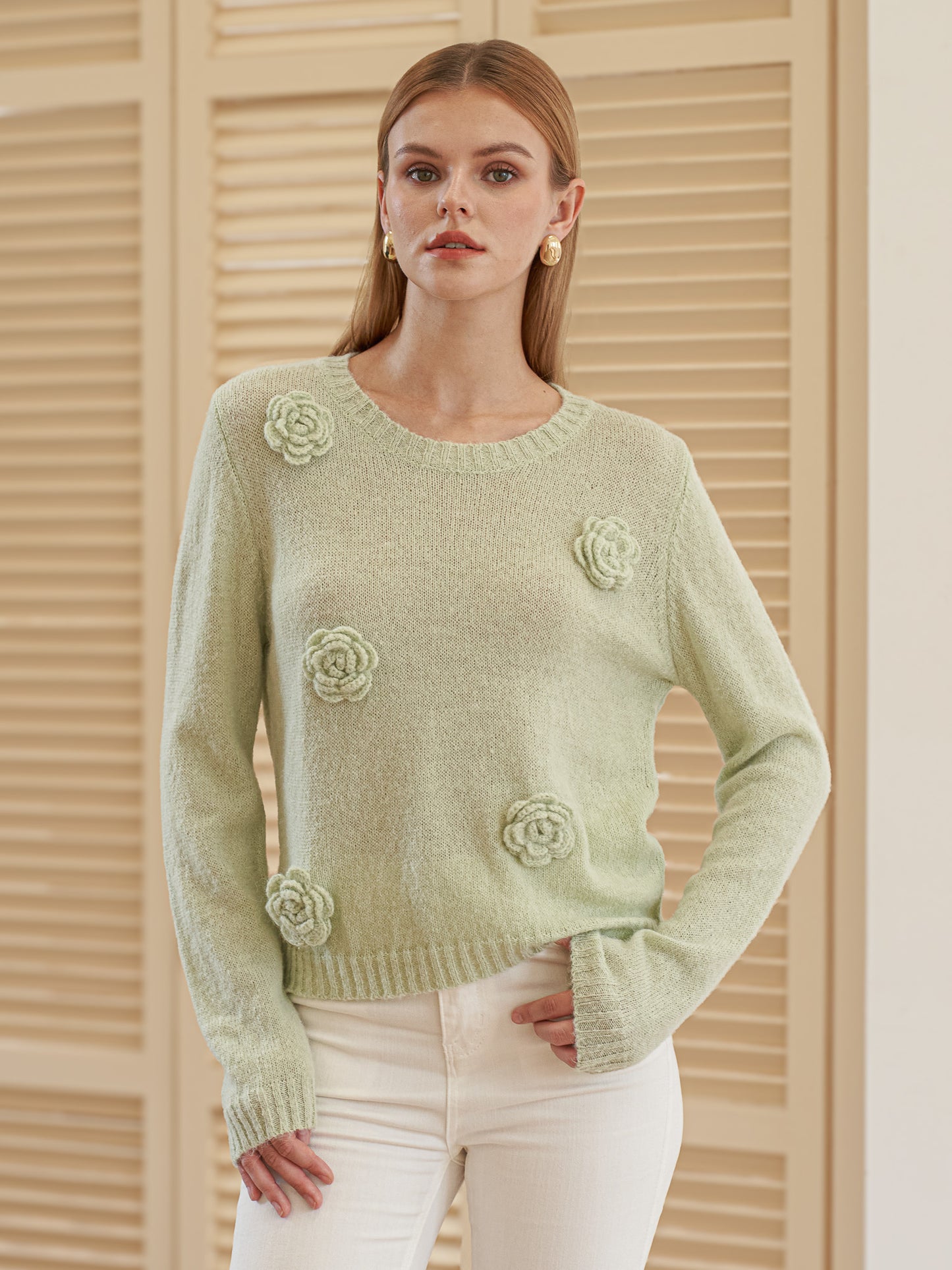 Light Green Sweater with 3D Flowers (2S-2M-2L)