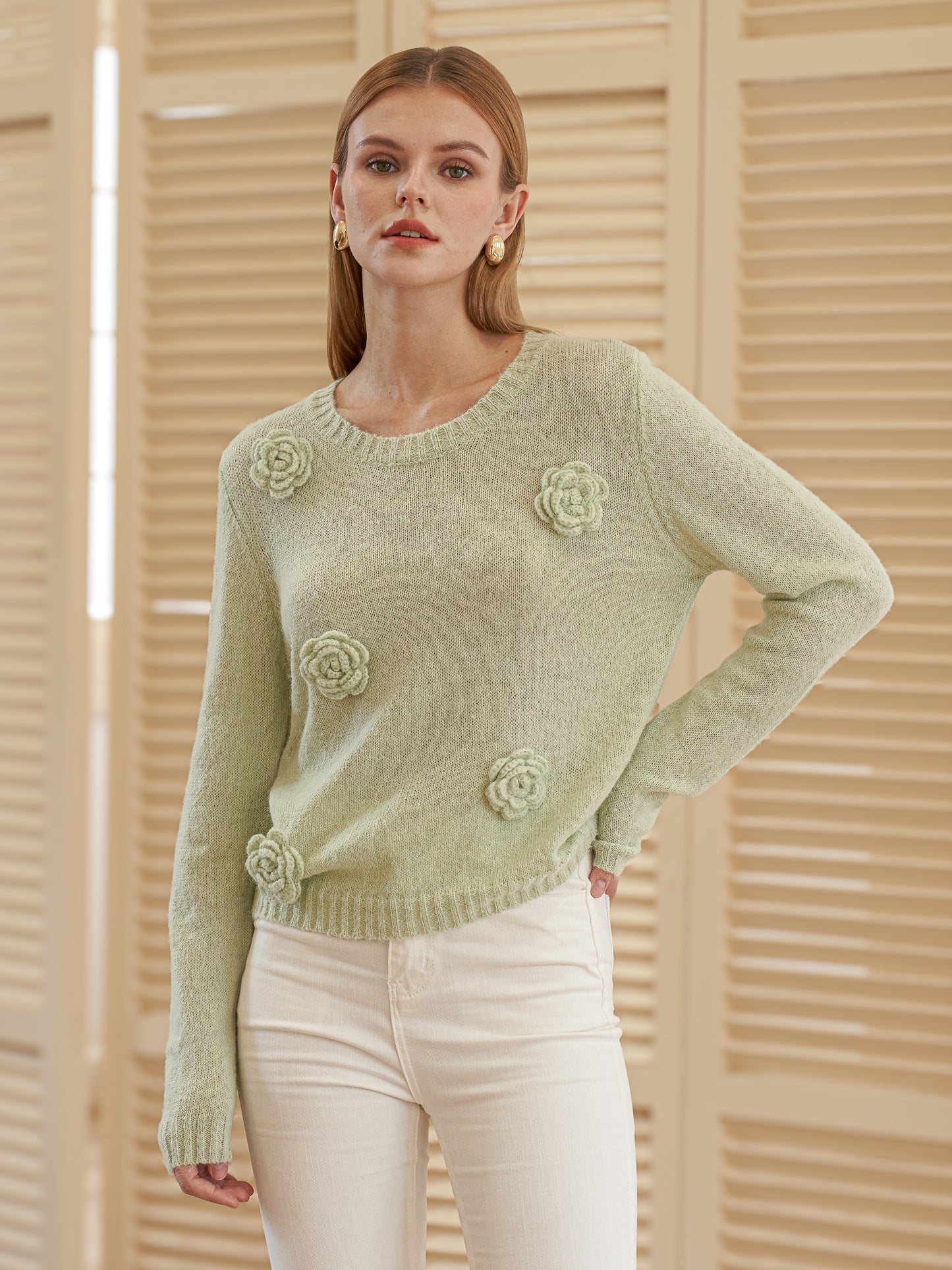 Light Green Sweater with 3D Flowers (2S-2M-2L)