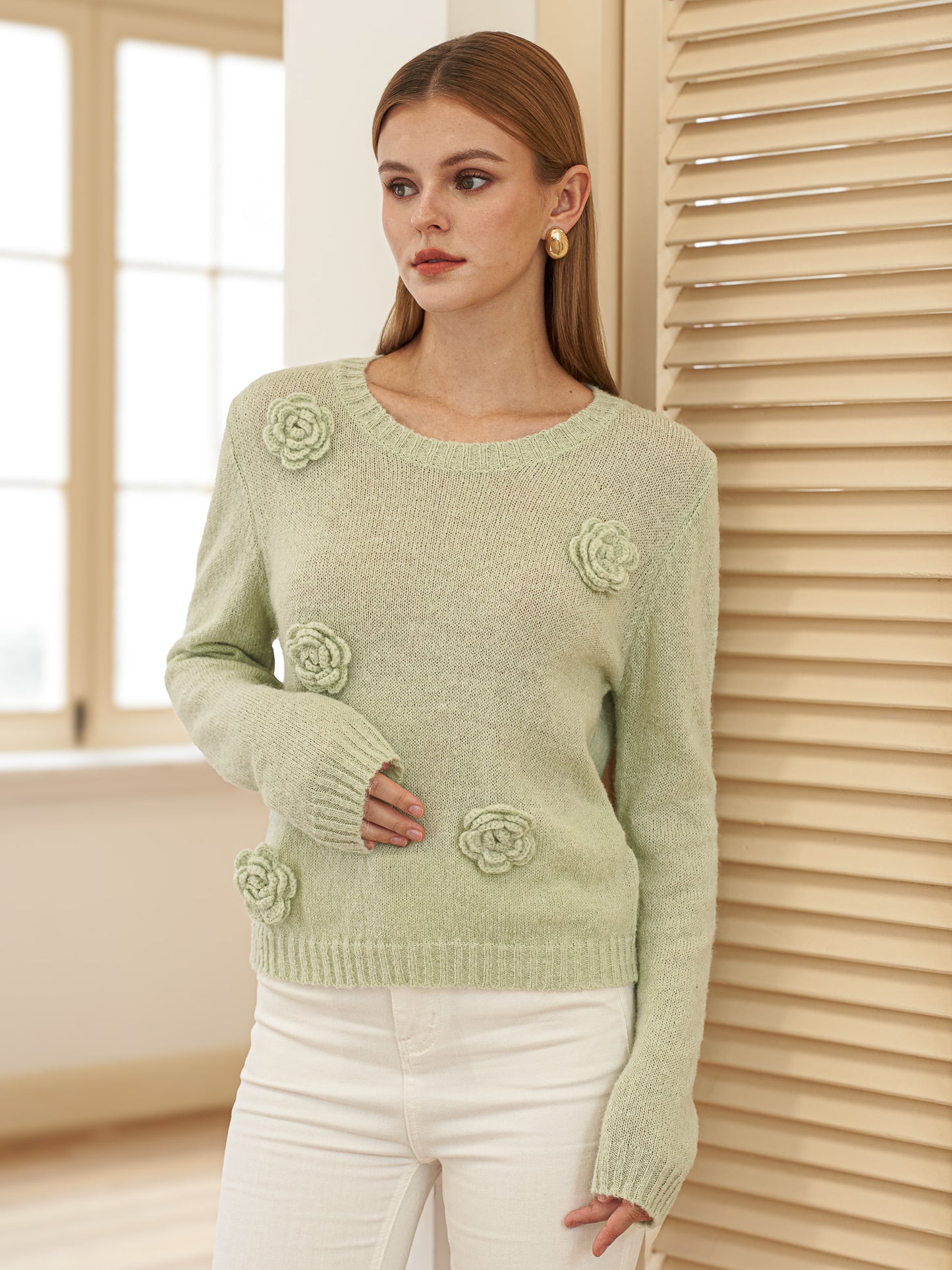 Light Green Sweater with 3D Flowers (2S-2M-2L)