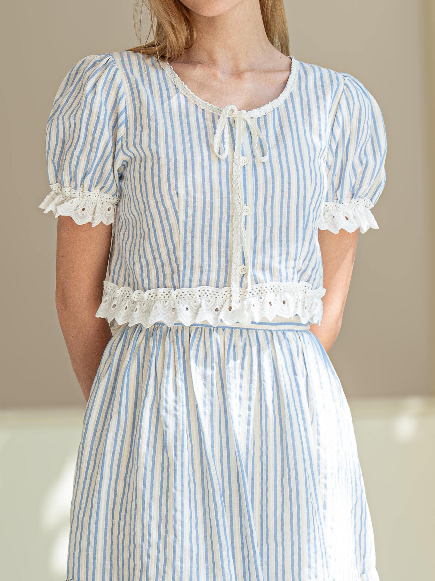 Lace Trim Striped Top and Skirt Set (2S-2M-2L)