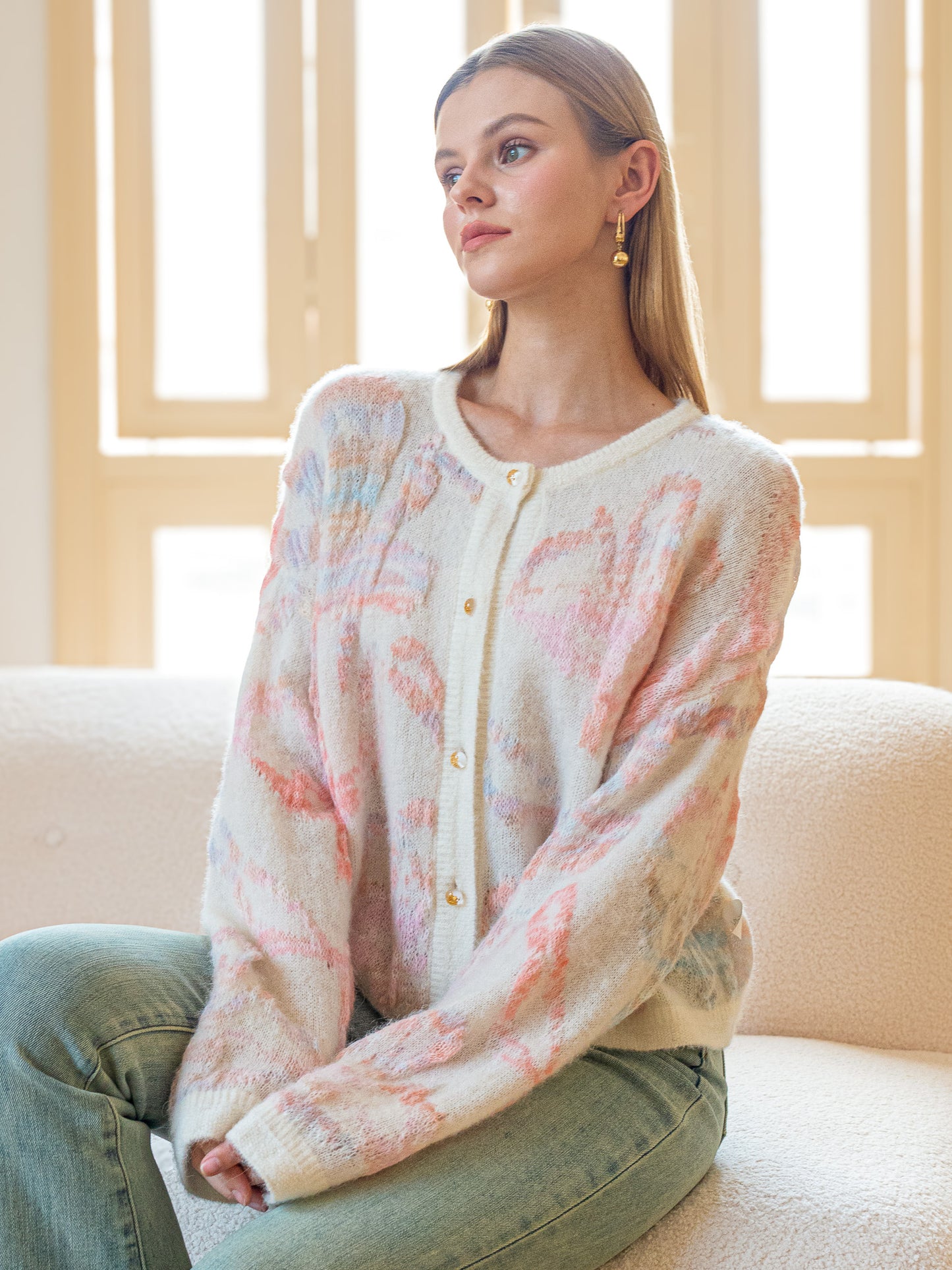 Alpaca and Wool Blend Dreamy Pastel Floral Cardigan (2S-2M-2L)