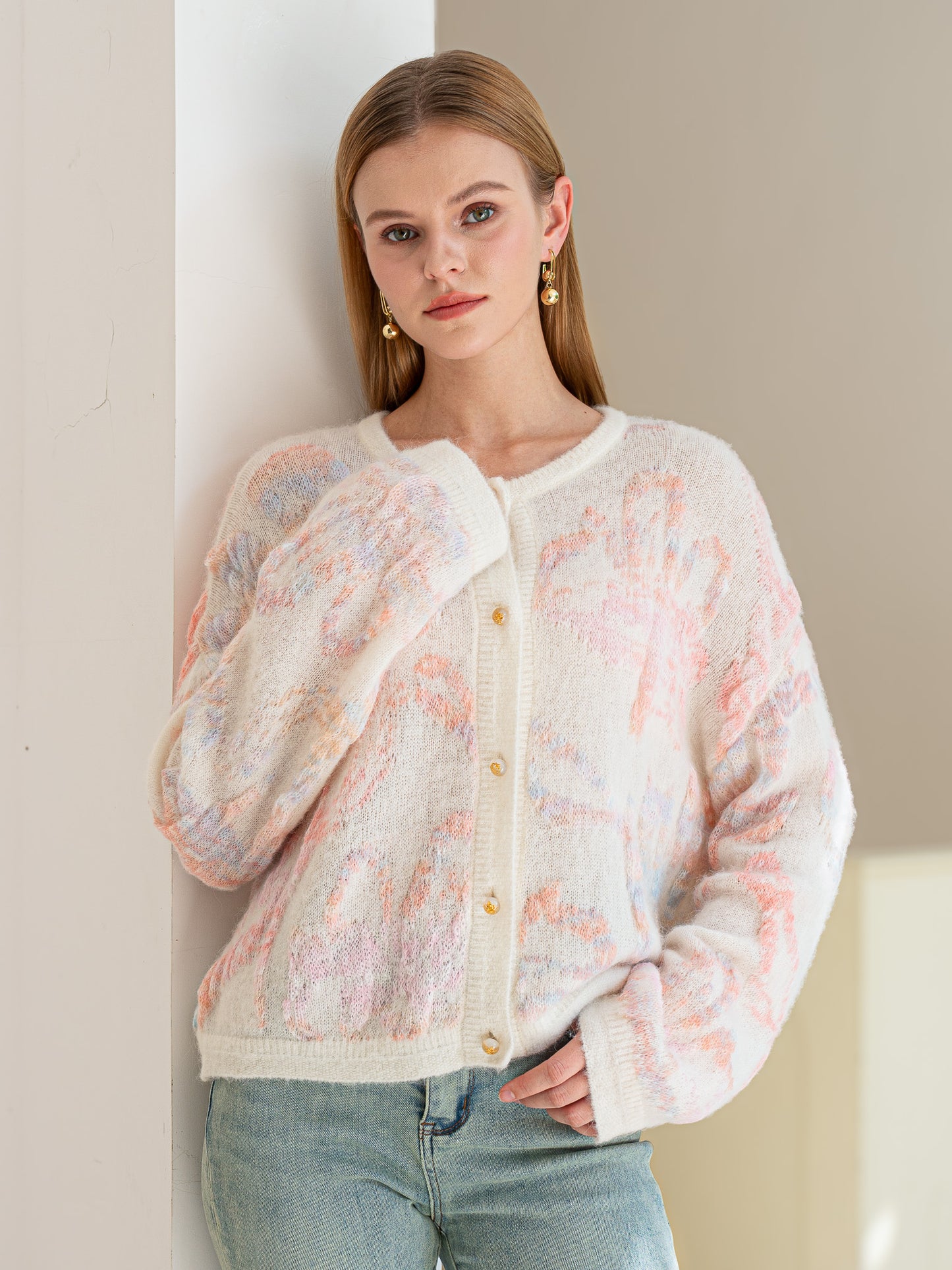 Alpaca and Wool Blend Dreamy Pastel Floral Cardigan (2S-2M-2L)