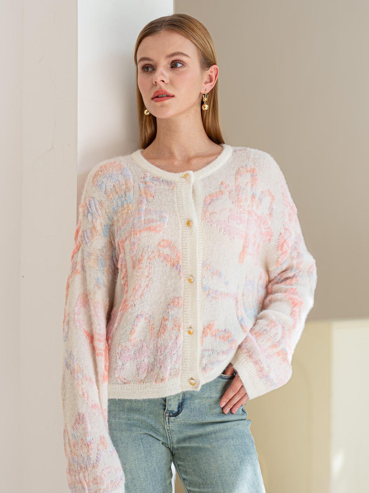 Alpaca and Wool Blend Dreamy Pastel Floral Cardigan (2S-2M-2L)