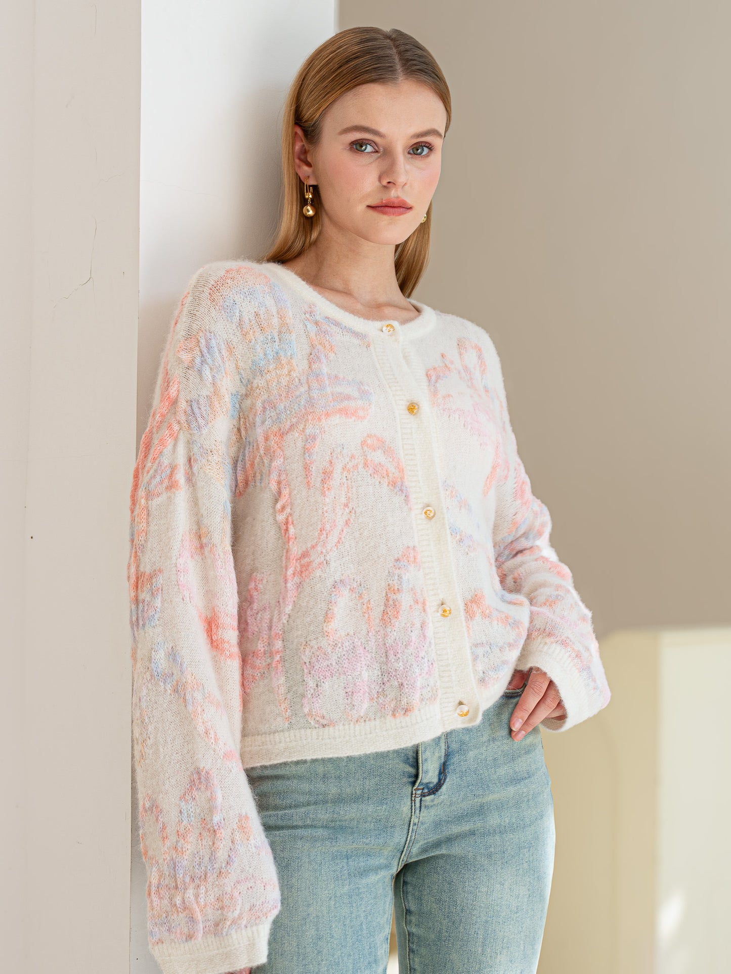 Alpaca and Wool Blend Dreamy Pastel Floral Cardigan (2S-2M-2L)