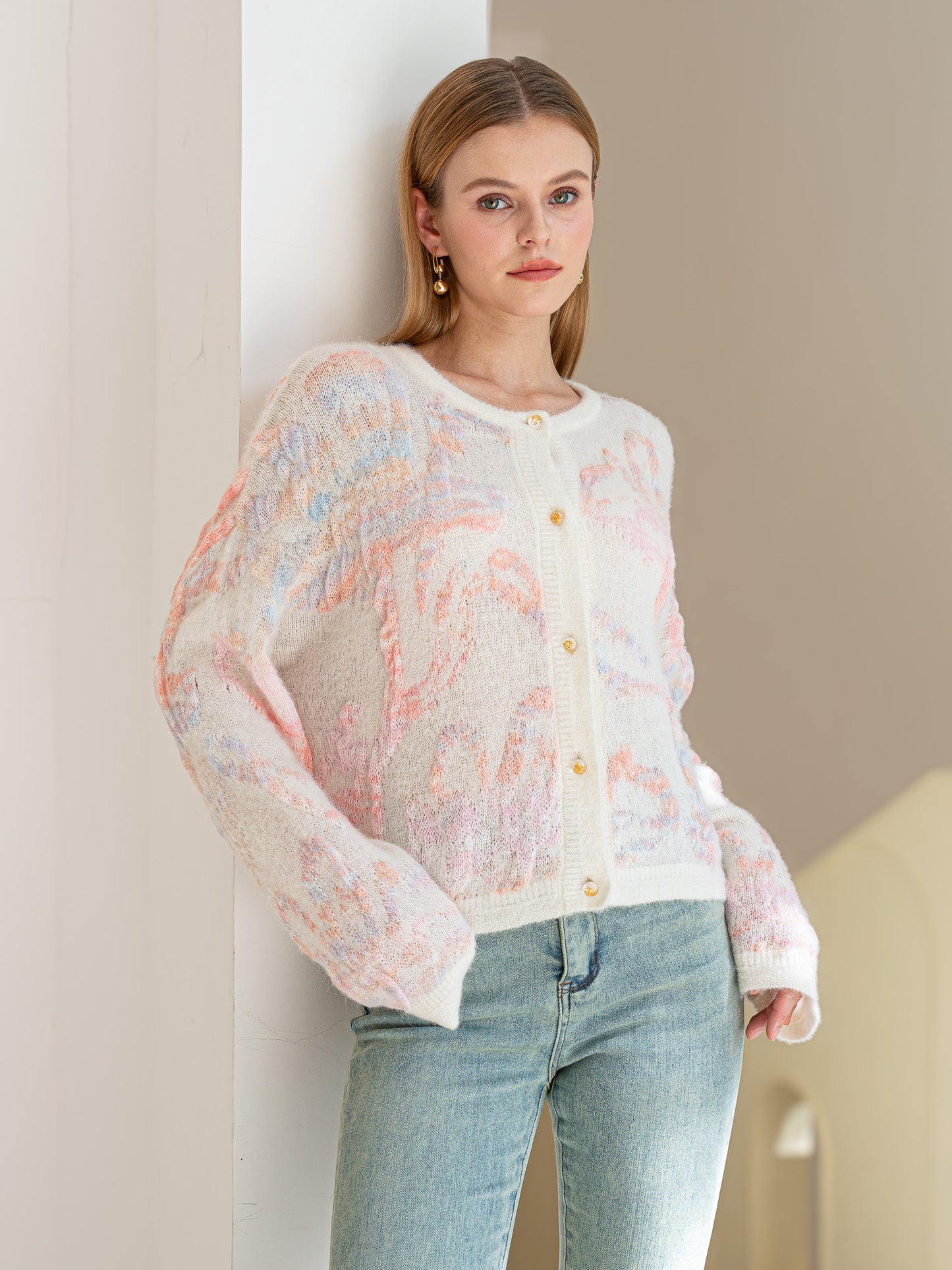 Alpaca and Wool Blend Dreamy Pastel Floral Cardigan (2S-2M-2L)