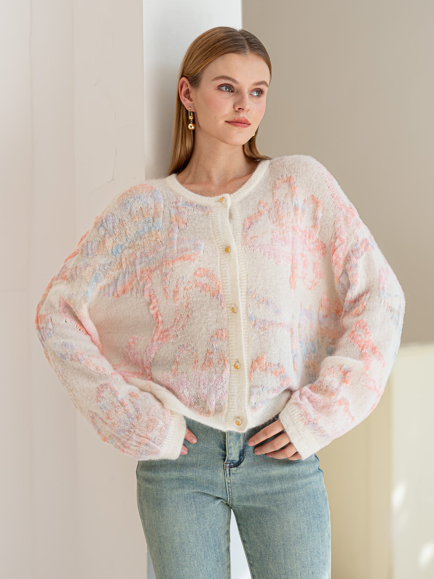 Alpaca and Wool Blend Dreamy Pastel Floral Cardigan (2S-2M-2L)