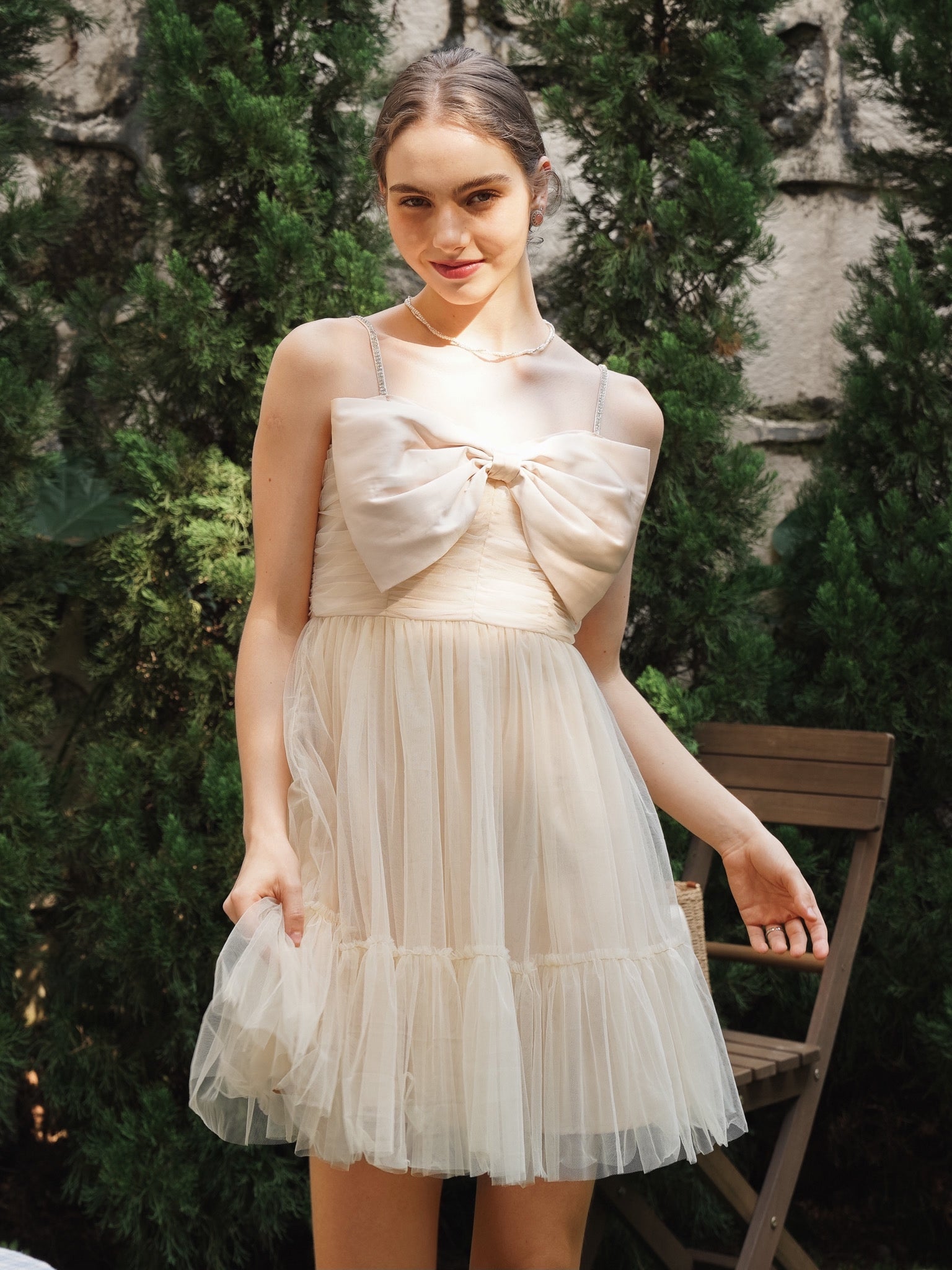 RP2250 - Champagne Tulle Cocktail Dress with Bow Accent and Sheer Overlay (2S-2M-2L)