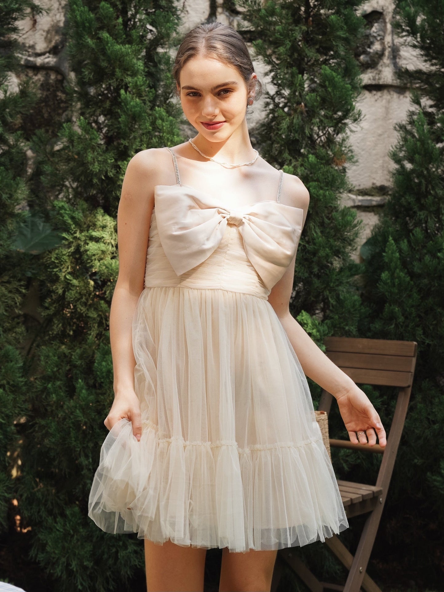 Champagne Tulle Cocktail Dress with Bow Accent and Sheer Overlay (2S-2M-2L)