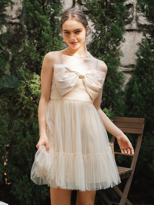 Champagne Tulle Cocktail Dress with Bow Accent and Sheer Overlay (2S-2M-2L)