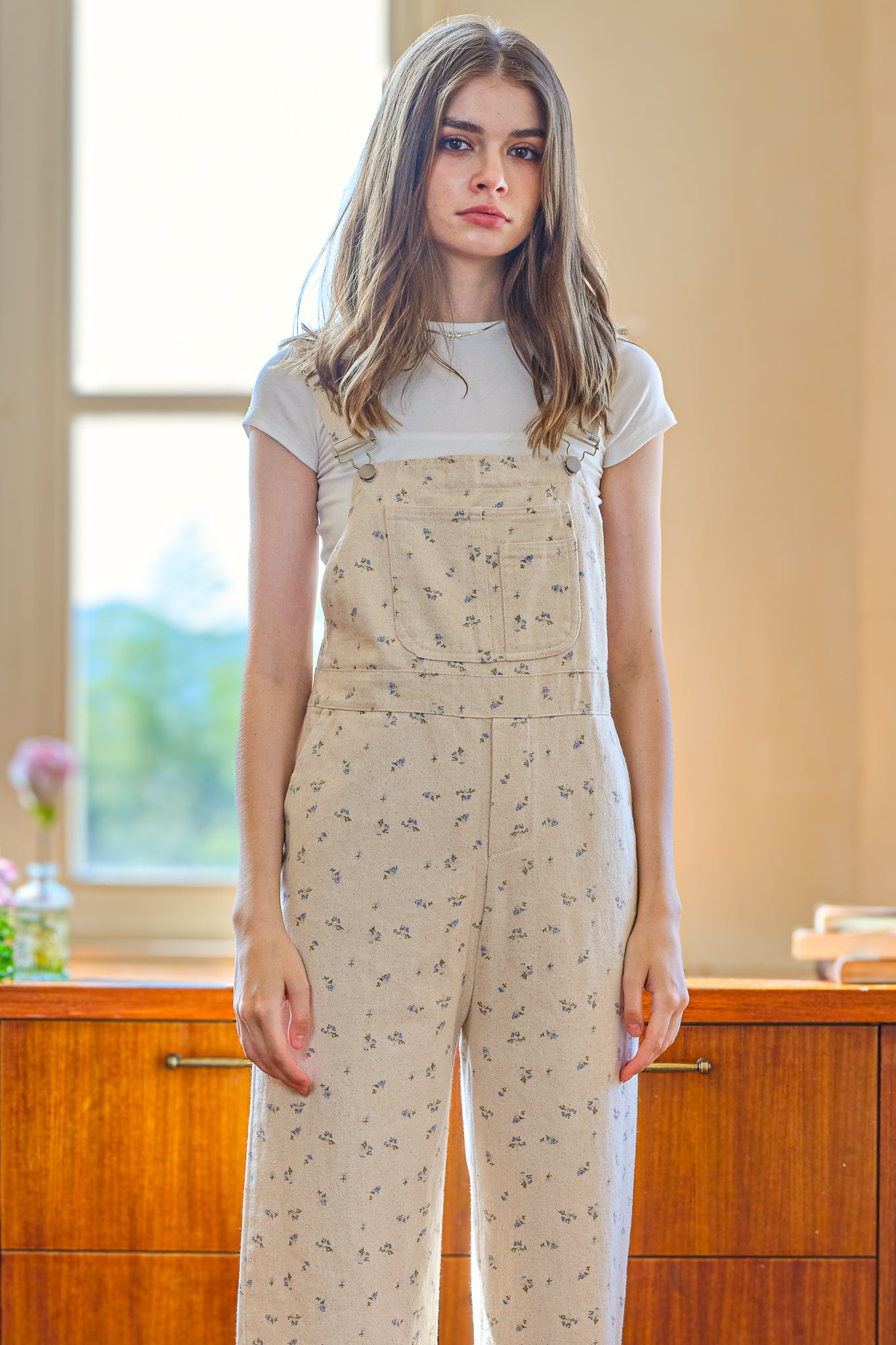 Floral-Patterned Relaxed Overalls (2S-2M-2L)