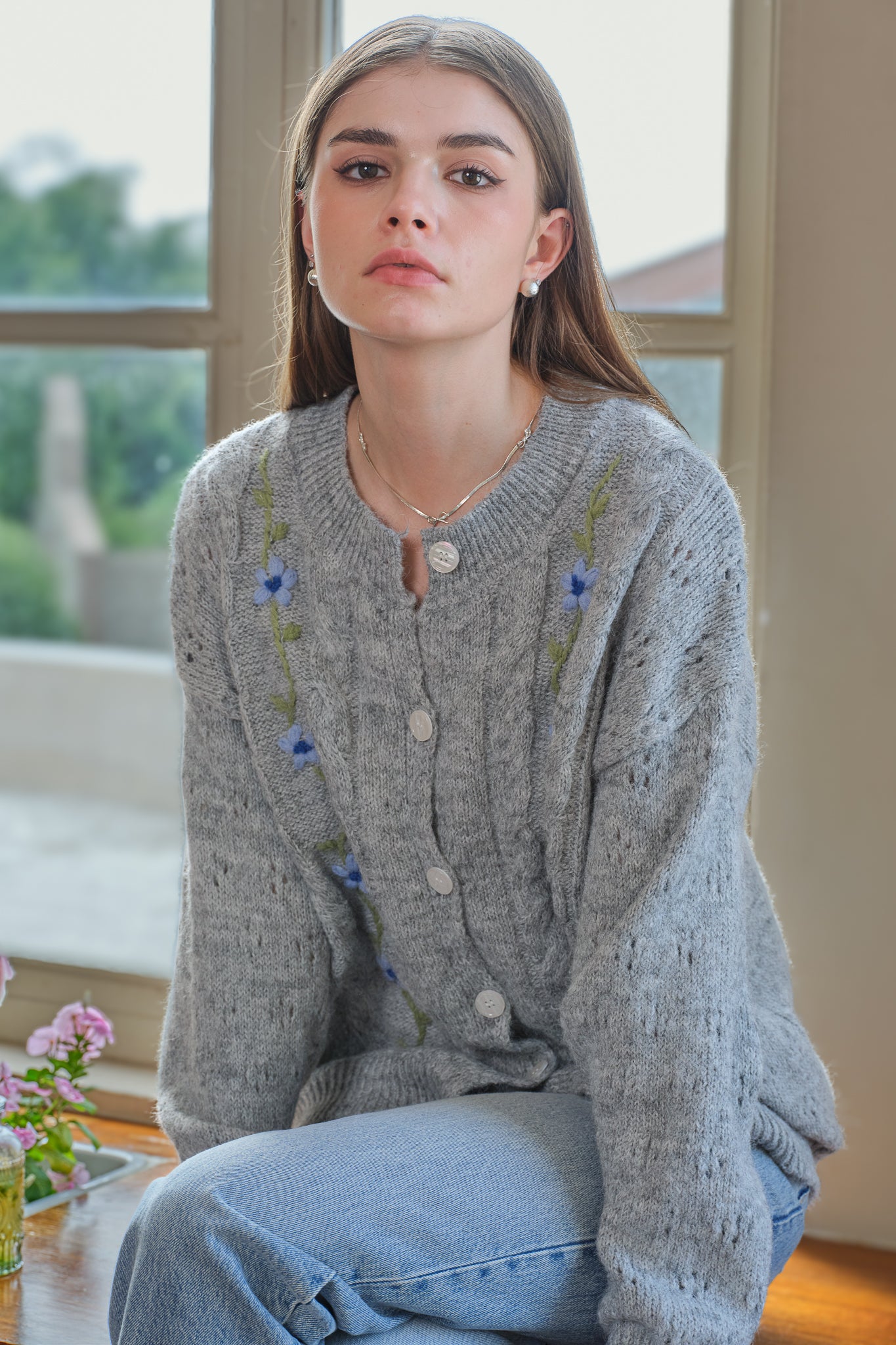 Grey Cable Knit Cardigan with Blue Floral Embroidery (2S-2M-2L)