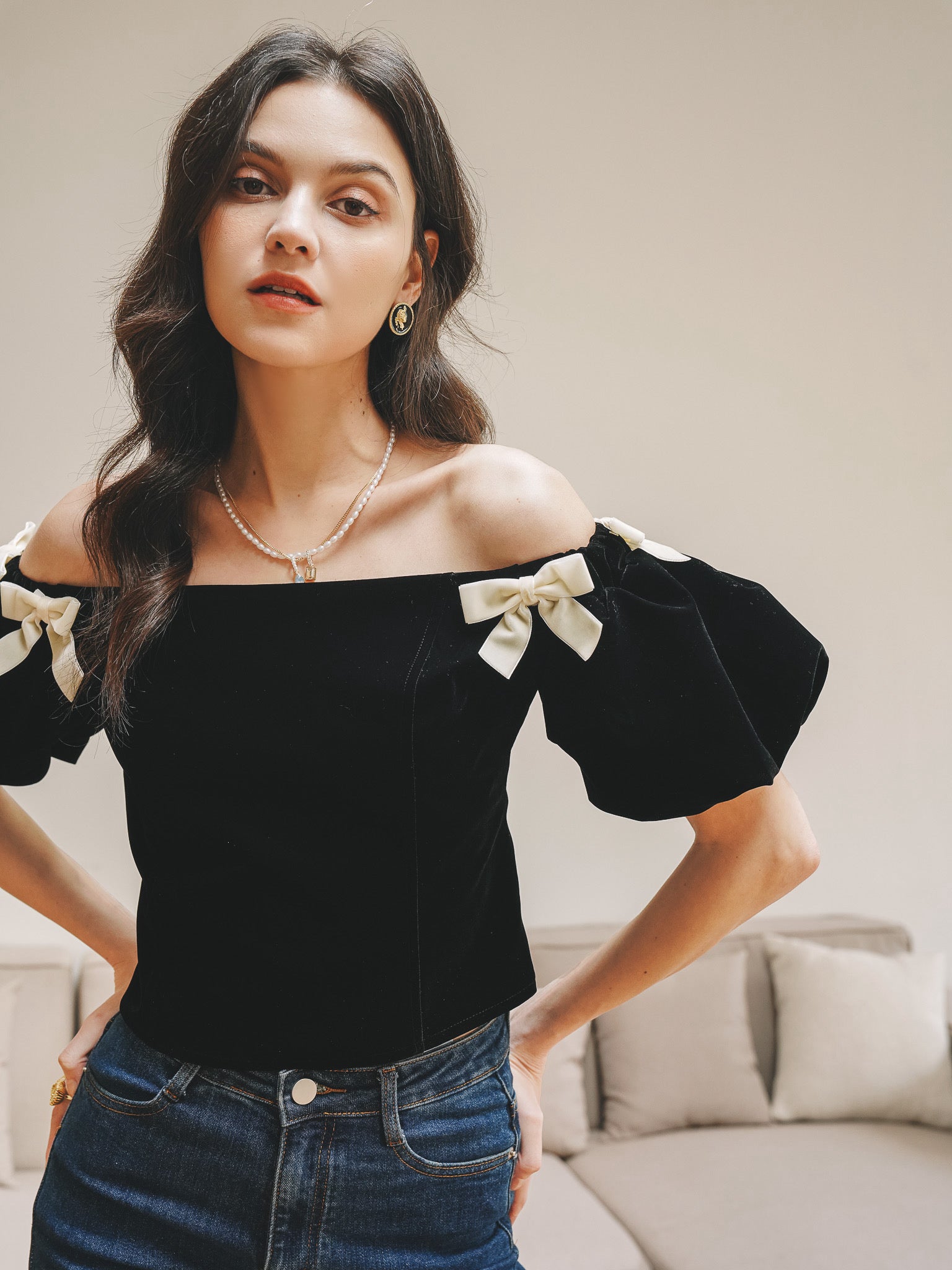 RP2271 - Black Bow-Tie Velvet Off-Shoulder Top (2S-2M-2L)