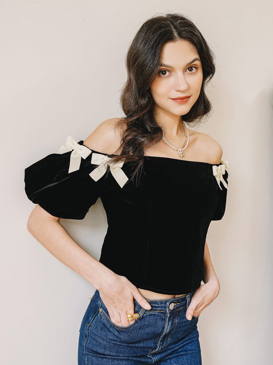 Black Bow-Tie Velvet Off-Shoulder Top (2S-2M-2L)