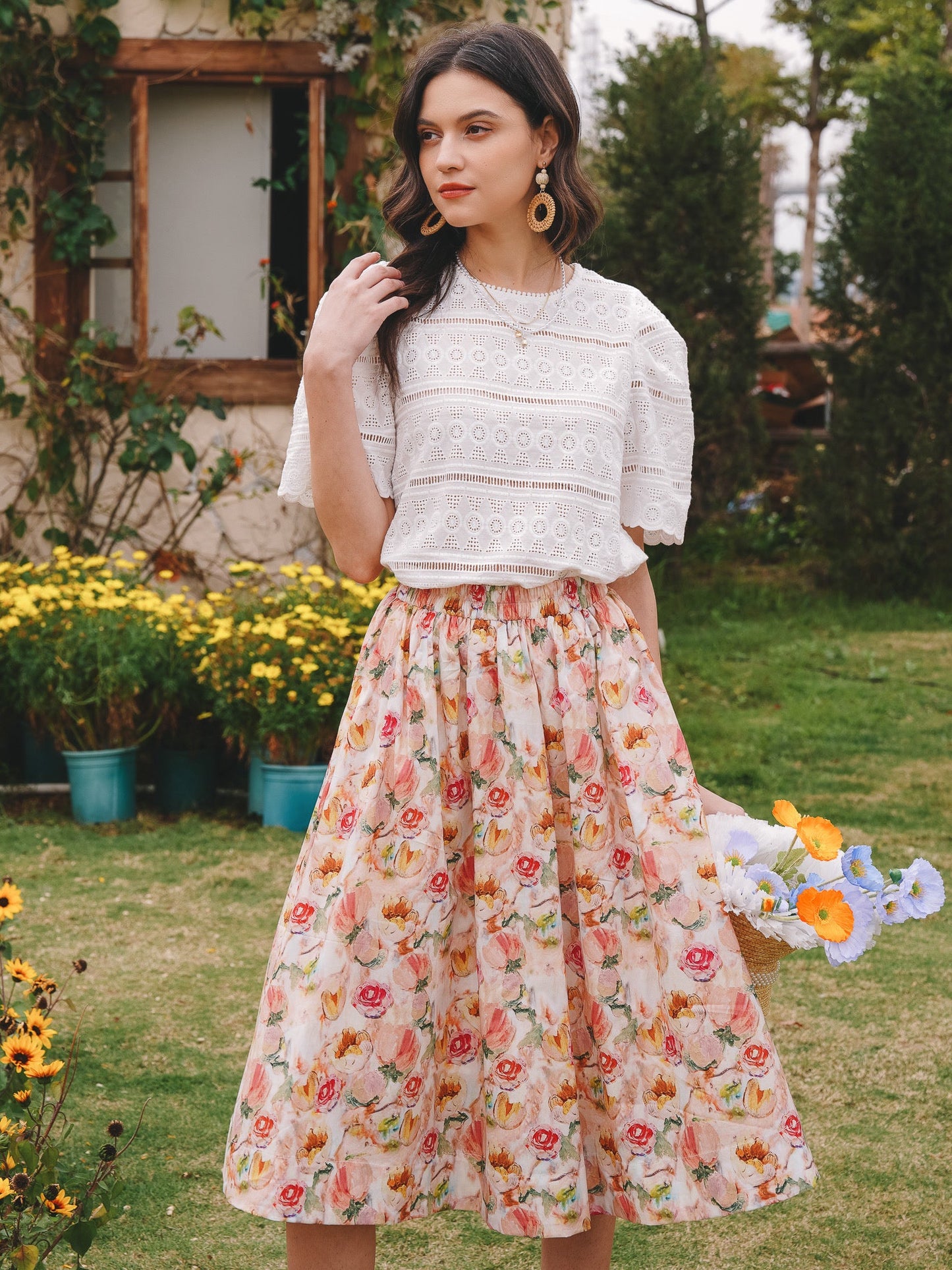 Pastel Pink Floral Fantasy Midi Skirt (2S-2M-2L)