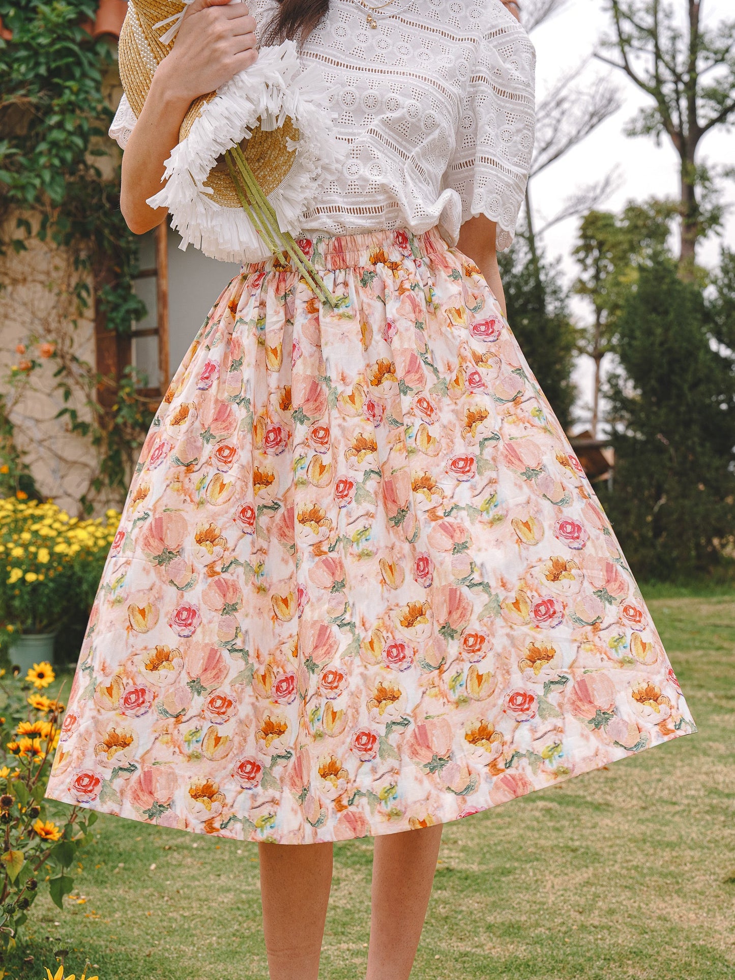 Pastel Pink Floral Fantasy Midi Skirt (2S-2M-2L)