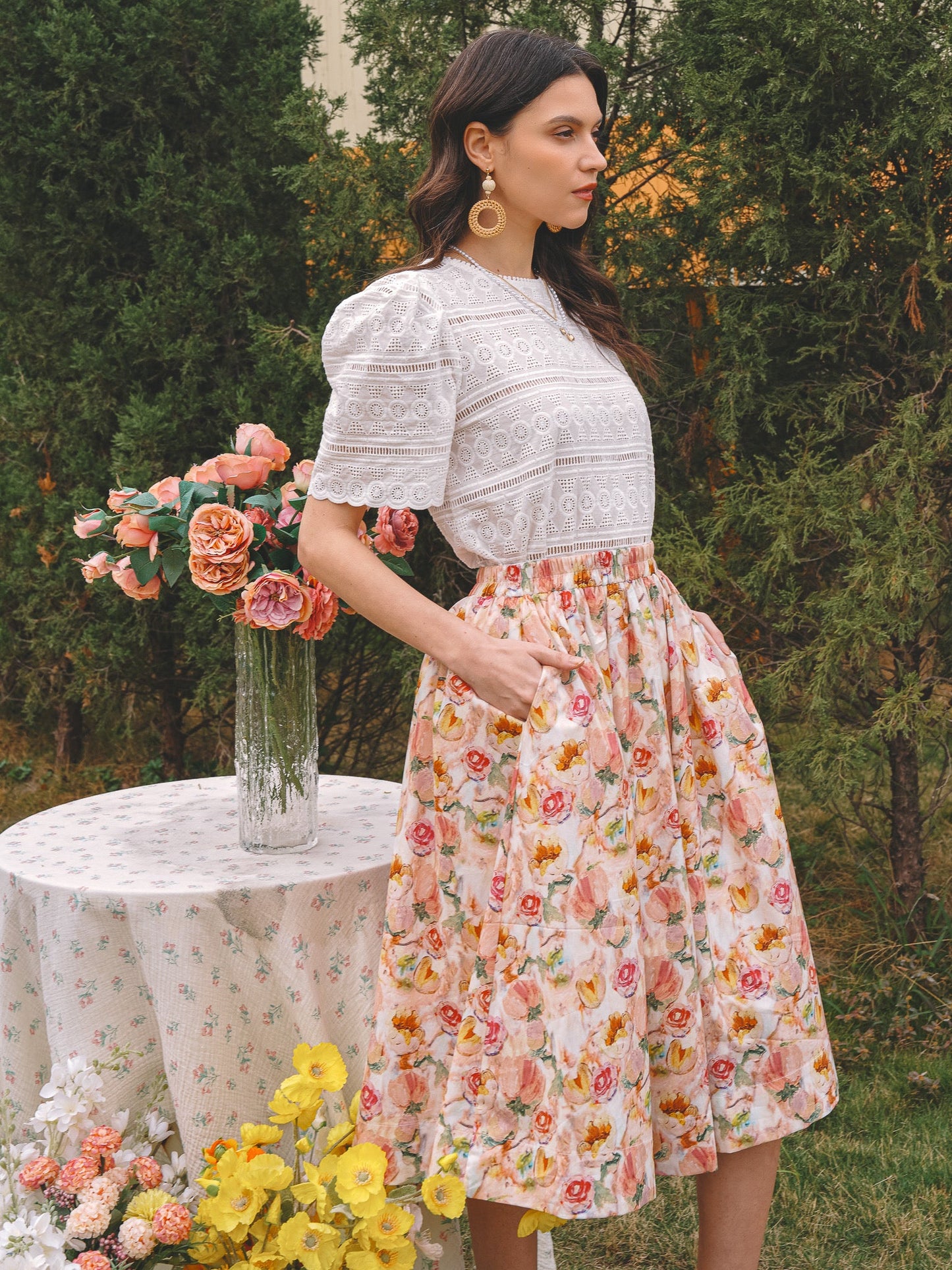 Pastel Pink Floral Fantasy Midi Skirt (2S-2M-2L)