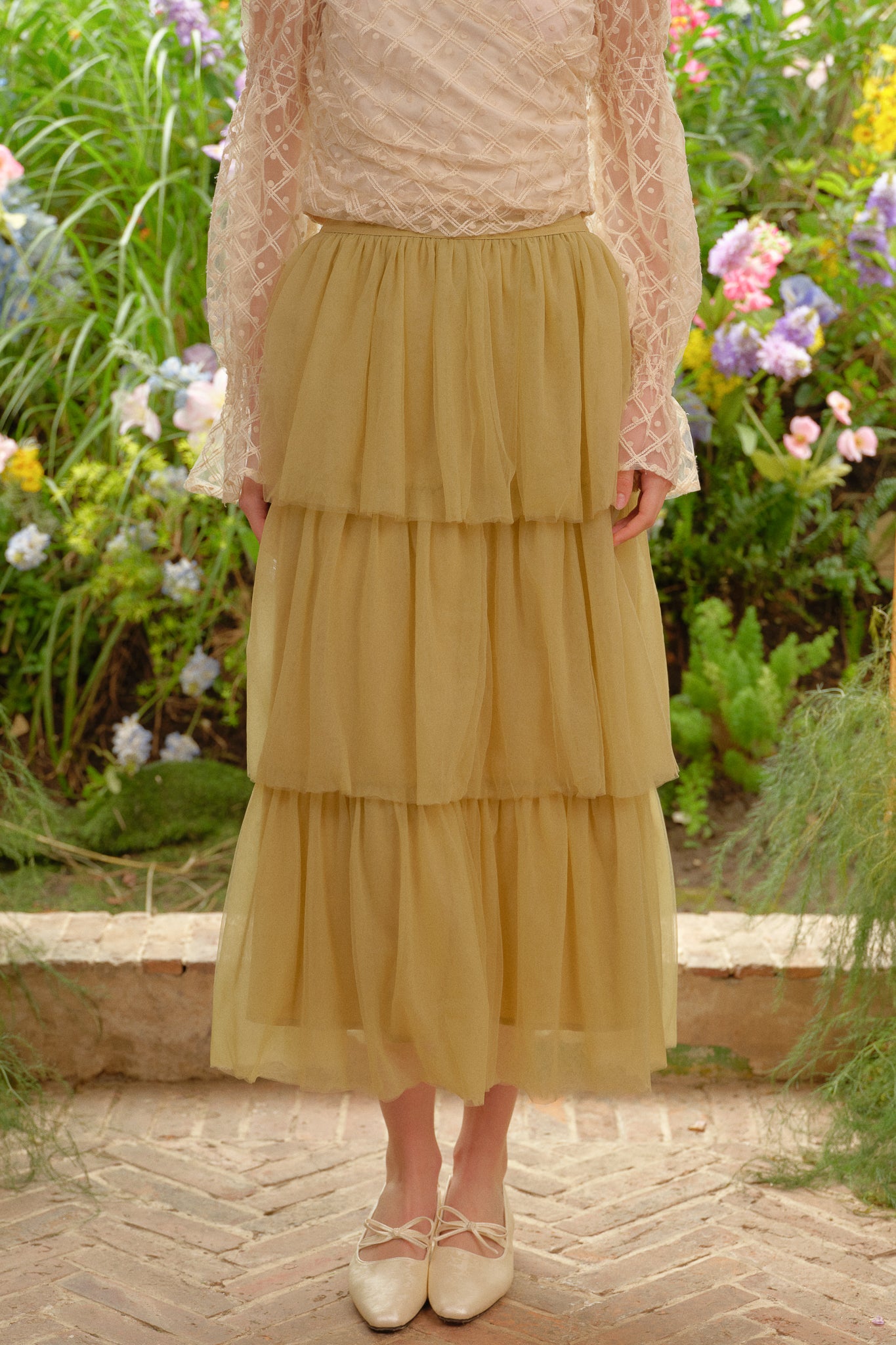 RP2723 - Olive Sheer Cascading Midi Skirt (2S-2M-2L)