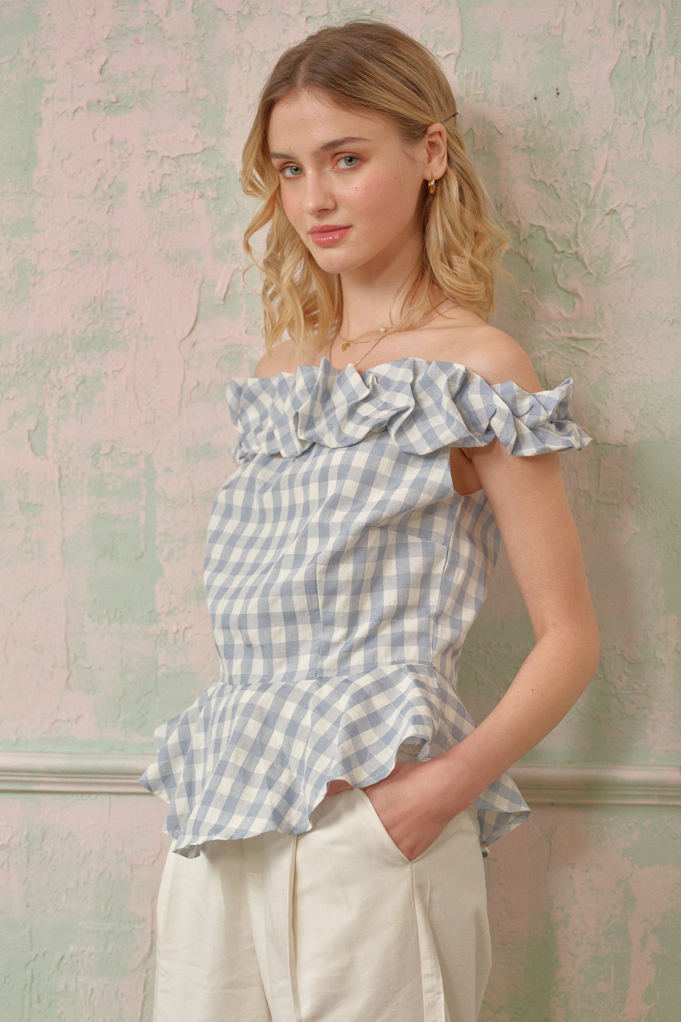 RP2742 - Blue Peplum Gingham Ruffle Top (2S-2M-2L)