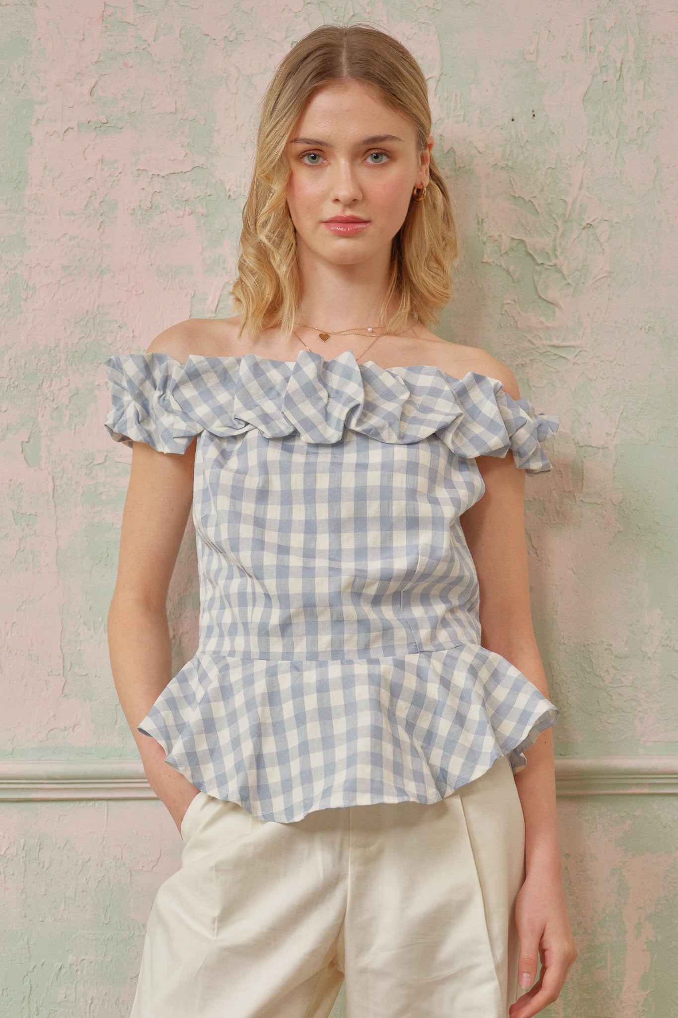 RP2742 - Blue Peplum Gingham Ruffle Top (2S-2M-2L)