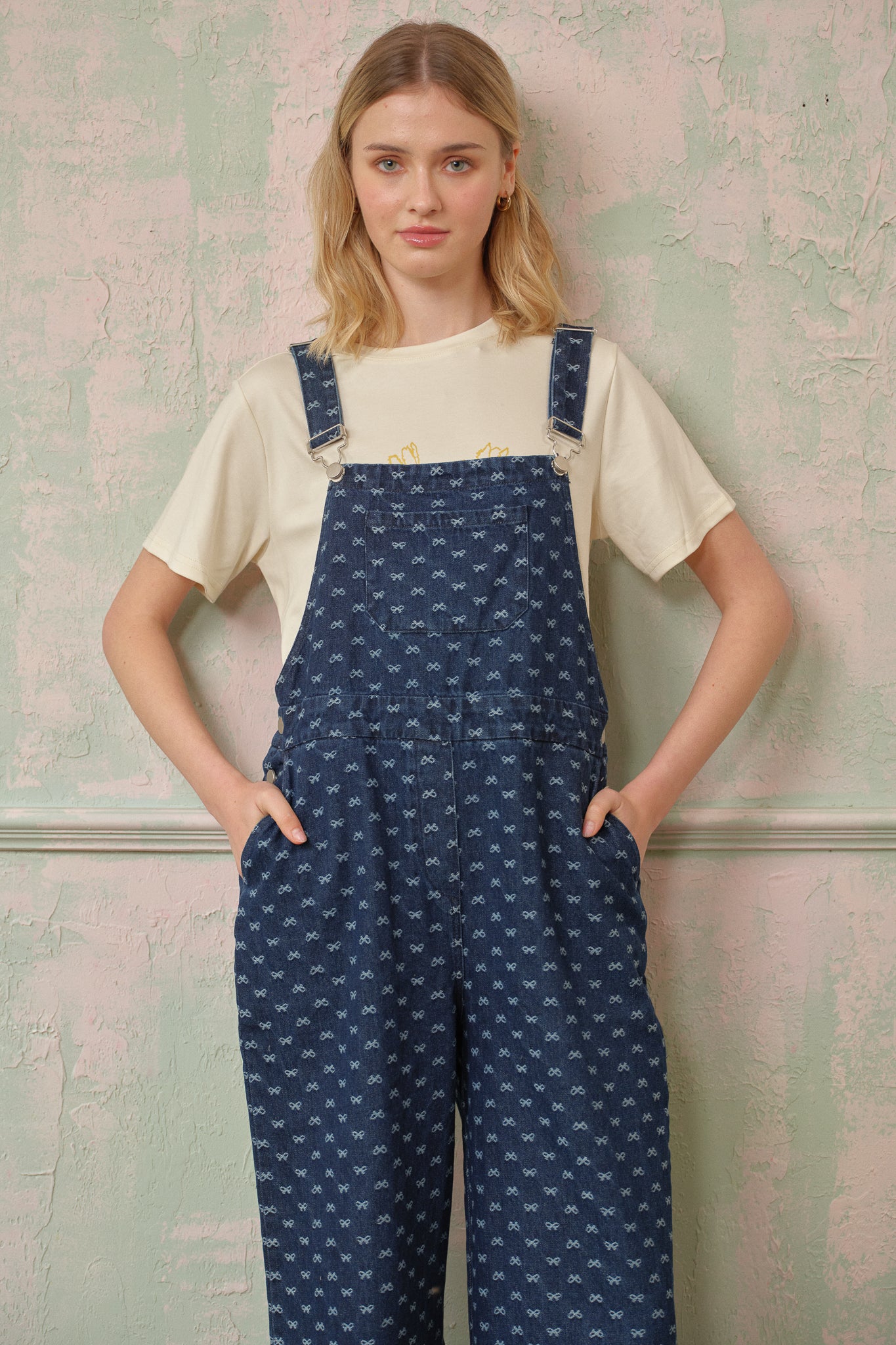 Bow-Patterned Denim Overalls (2S-2M-2L)