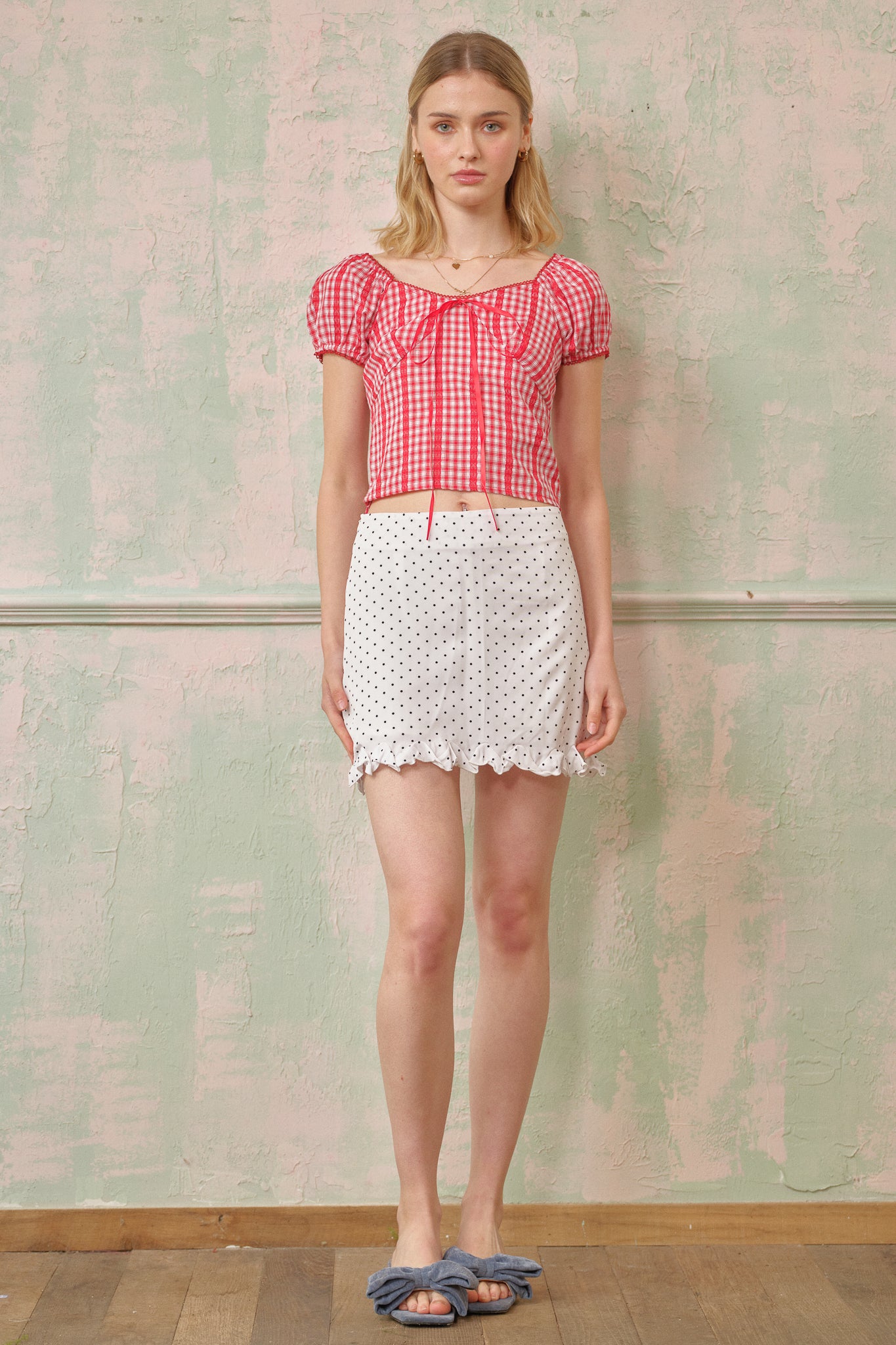 RP2692 - Polka Dot Ruffle Accent Mini Skirt(2S-2M-2L)