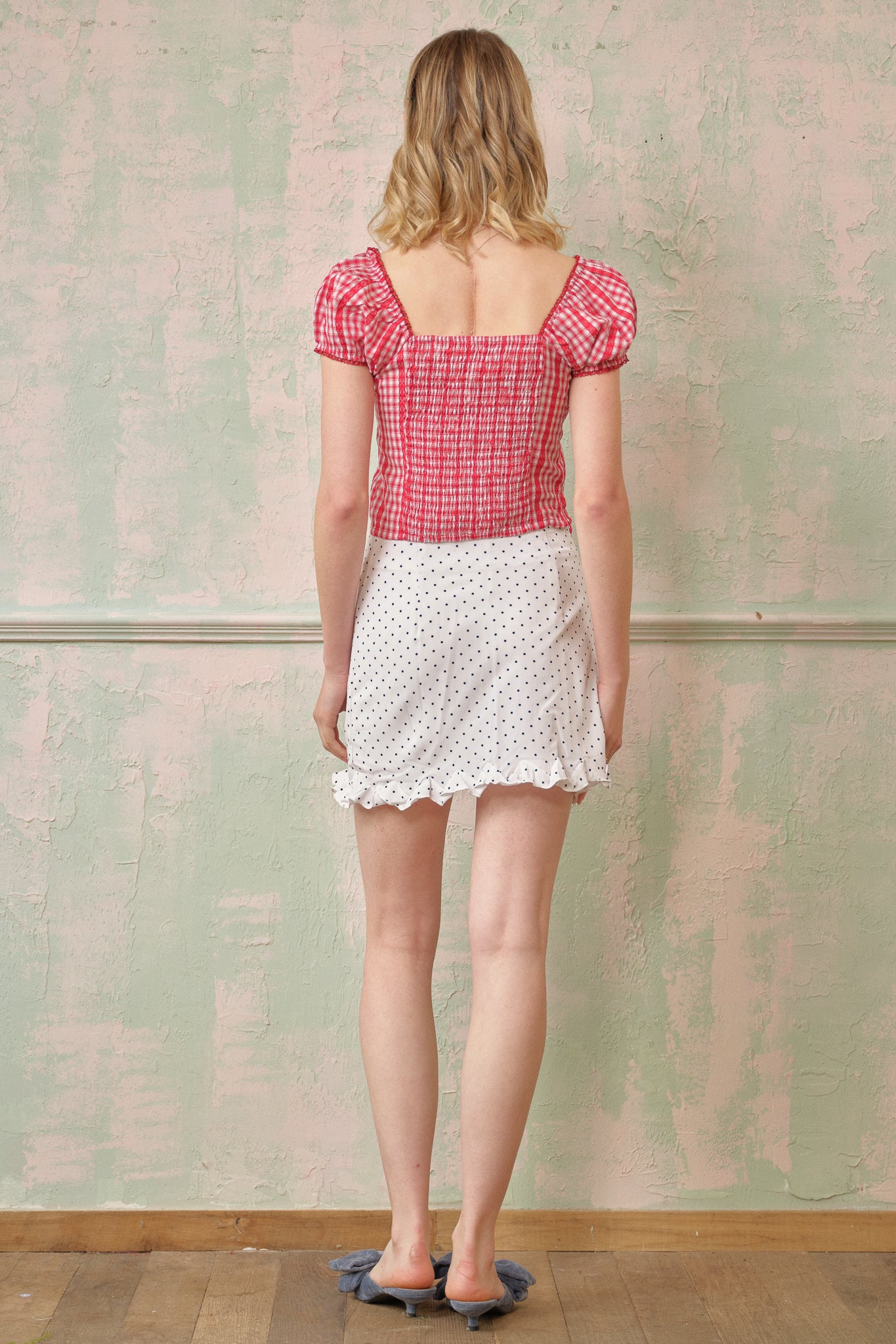 RP2692 - Polka Dot Ruffle Accent Mini Skirt(2S-2M-2L)