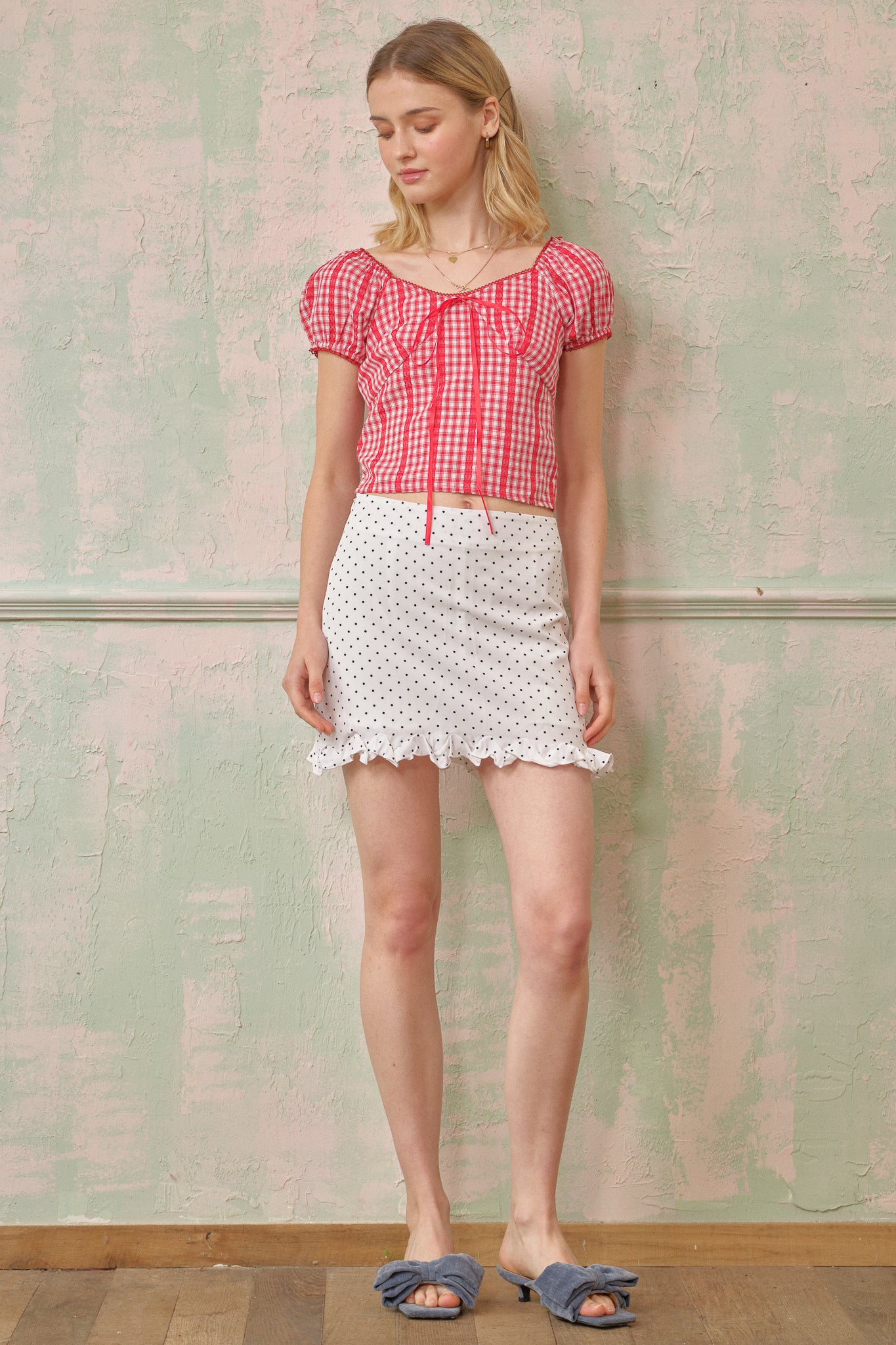 RP2692 - Polka Dot Ruffle Accent Mini Skirt(2S-2M-2L)