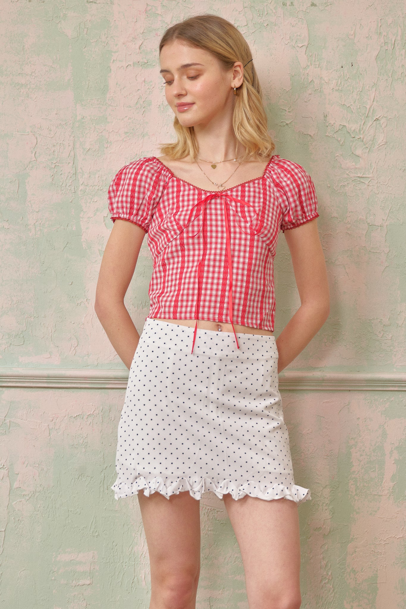 RP2692 - Polka Dot Ruffle Accent Mini Skirt(2S-2M-2L)