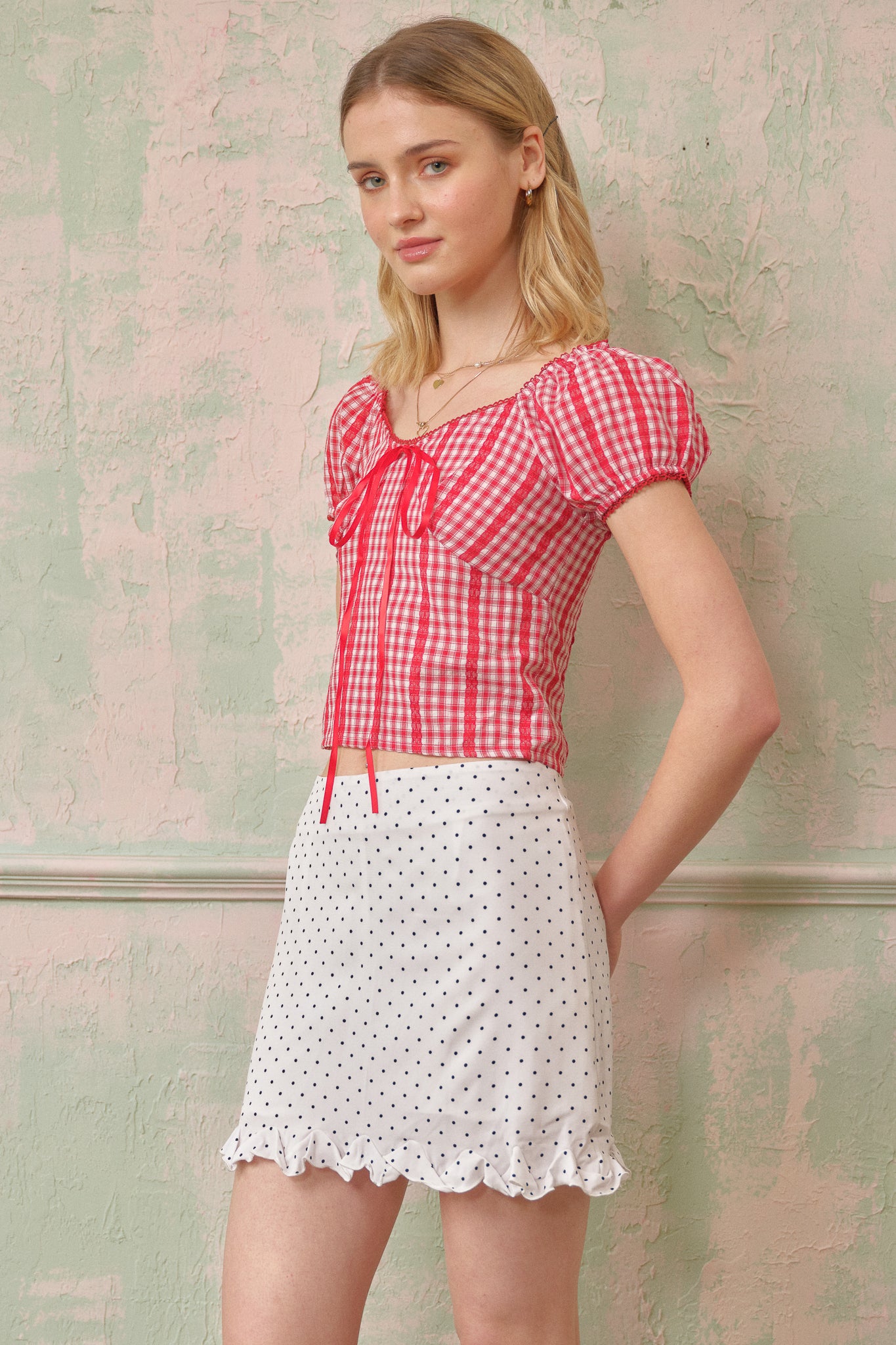 RP2692 - Polka Dot Ruffle Accent Mini Skirt(2S-2M-2L)