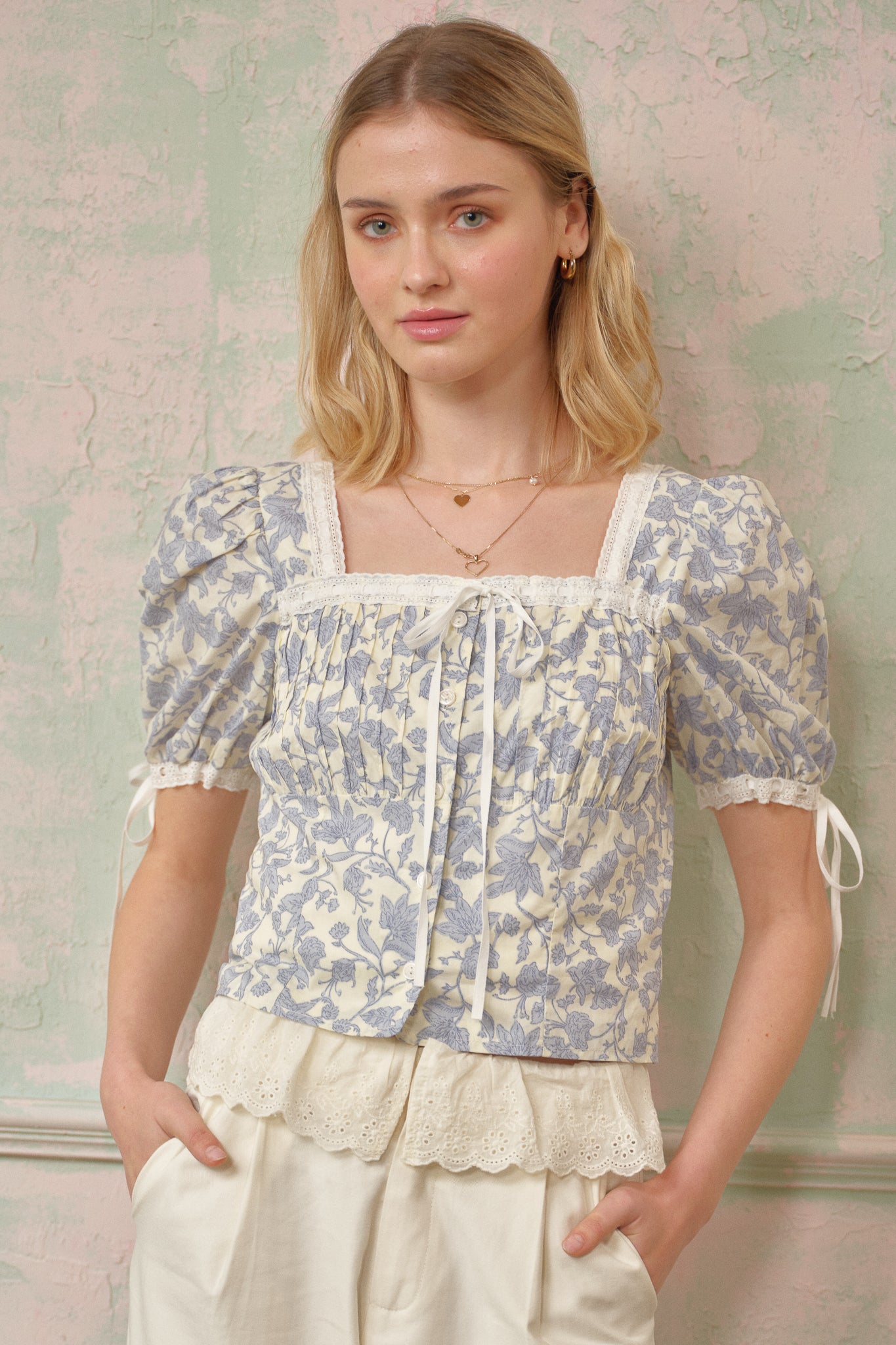 RP2726 - Blue Botanical Ribbon-Tie Top (2S-2M-2L)