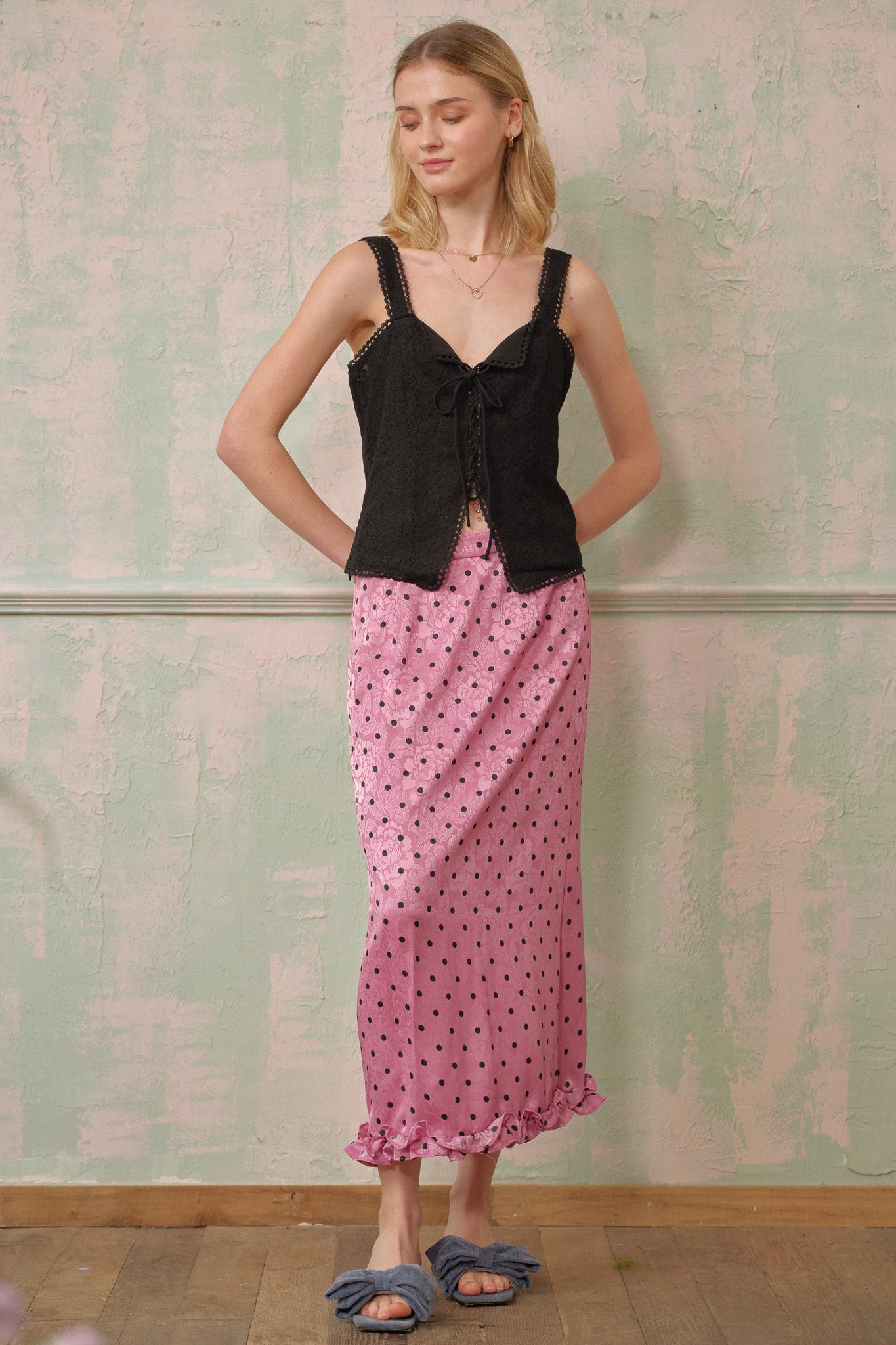 RP2699 - Polka Dot Satin Midi Skirt with Ruffle Hem (2S-2M-2L)