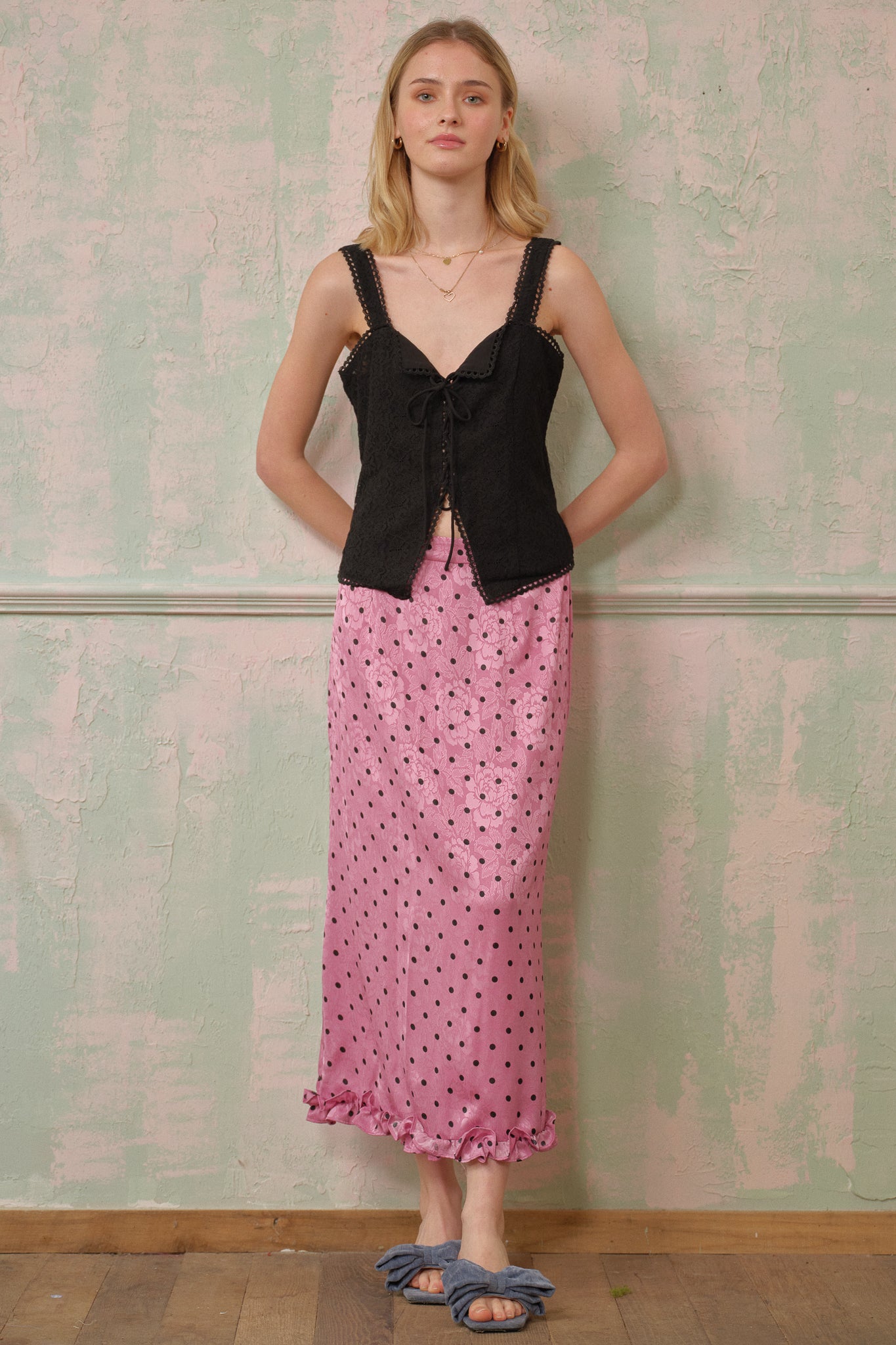 RP2699 - Polka Dot Satin Midi Skirt with Ruffle Hem (2S-2M-2L)