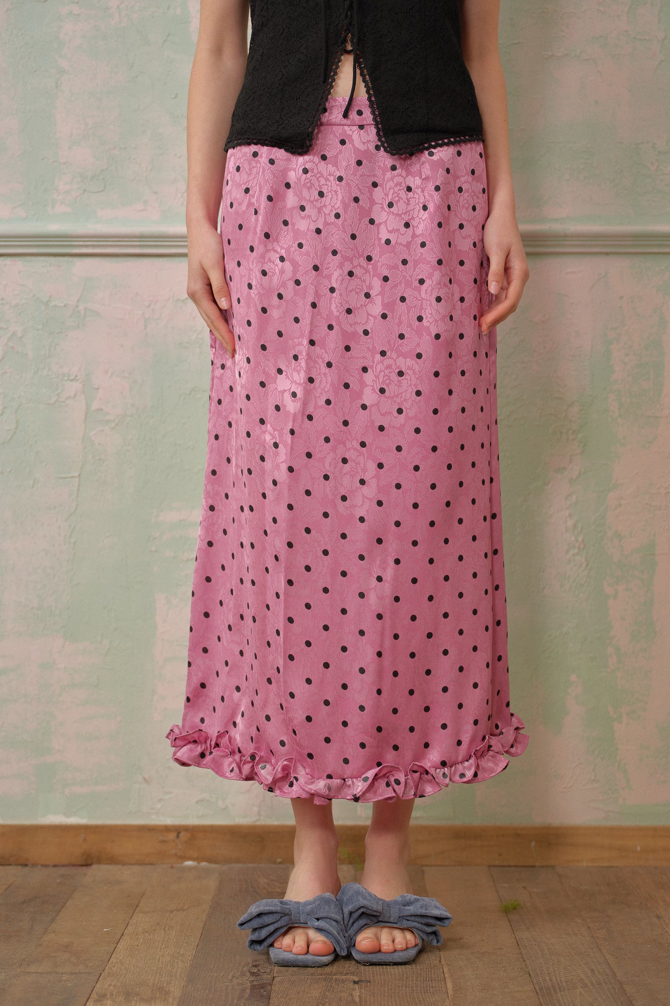 RP2699 - Polka Dot Satin Midi Skirt with Ruffle Hem (2S-2M-2L)