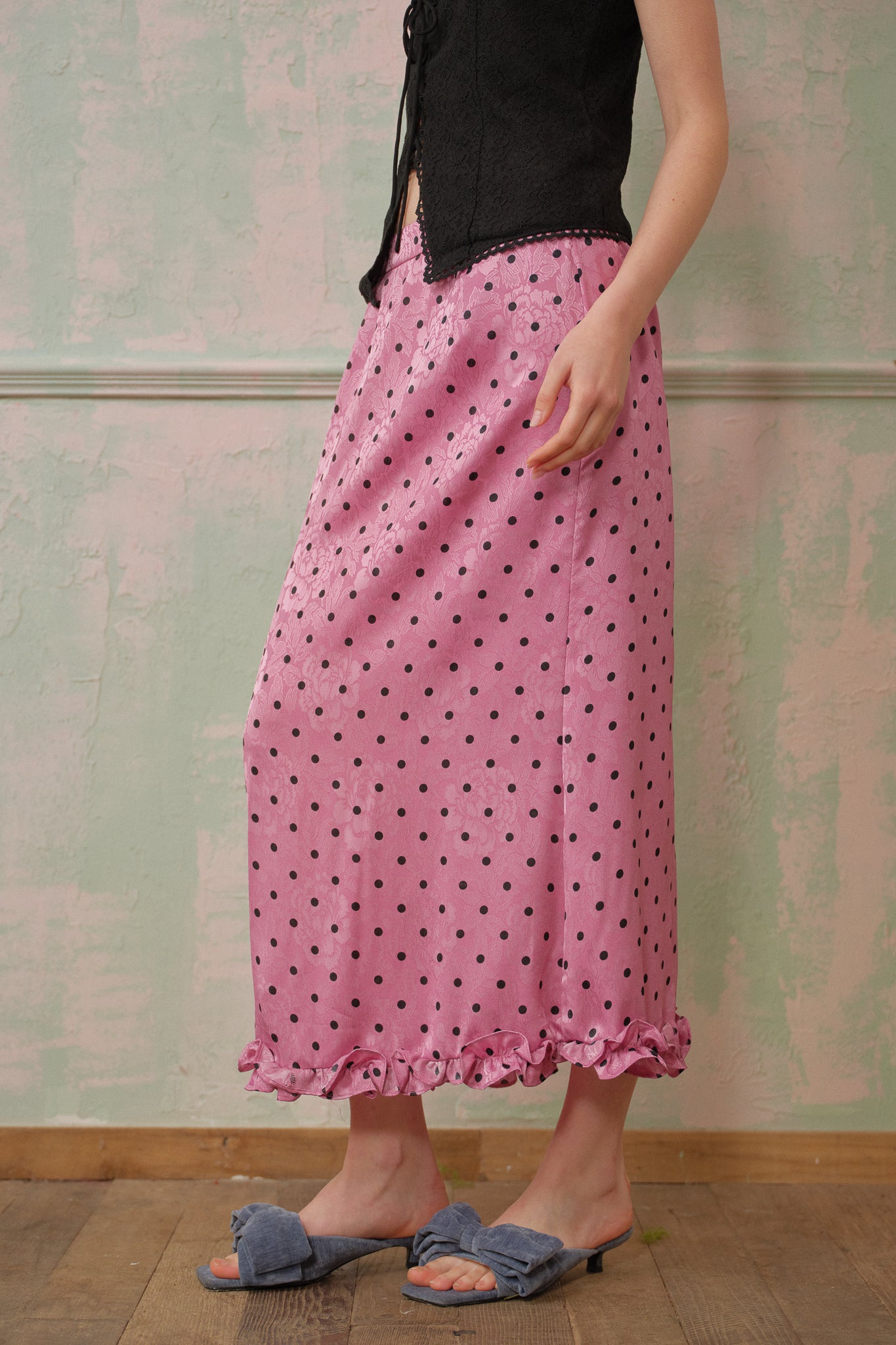 RP2699 - Polka Dot Satin Midi Skirt with Ruffle Hem (2S-2M-2L)