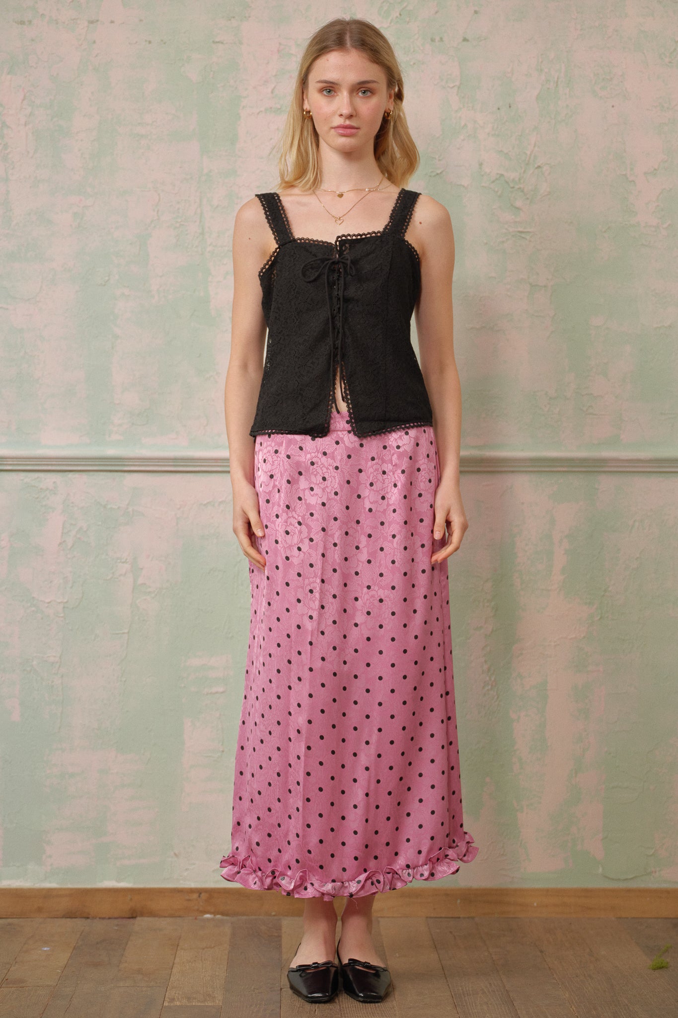 RP2699 - Polka Dot Satin Midi Skirt with Ruffle Hem (2S-2M-2L)