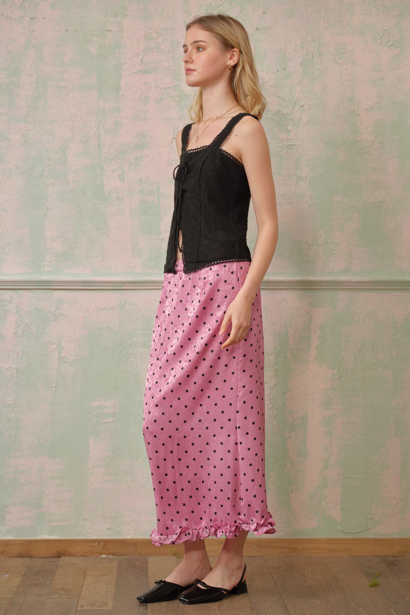 RP2699 - Polka Dot Satin Midi Skirt with Ruffle Hem (2S-2M-2L)