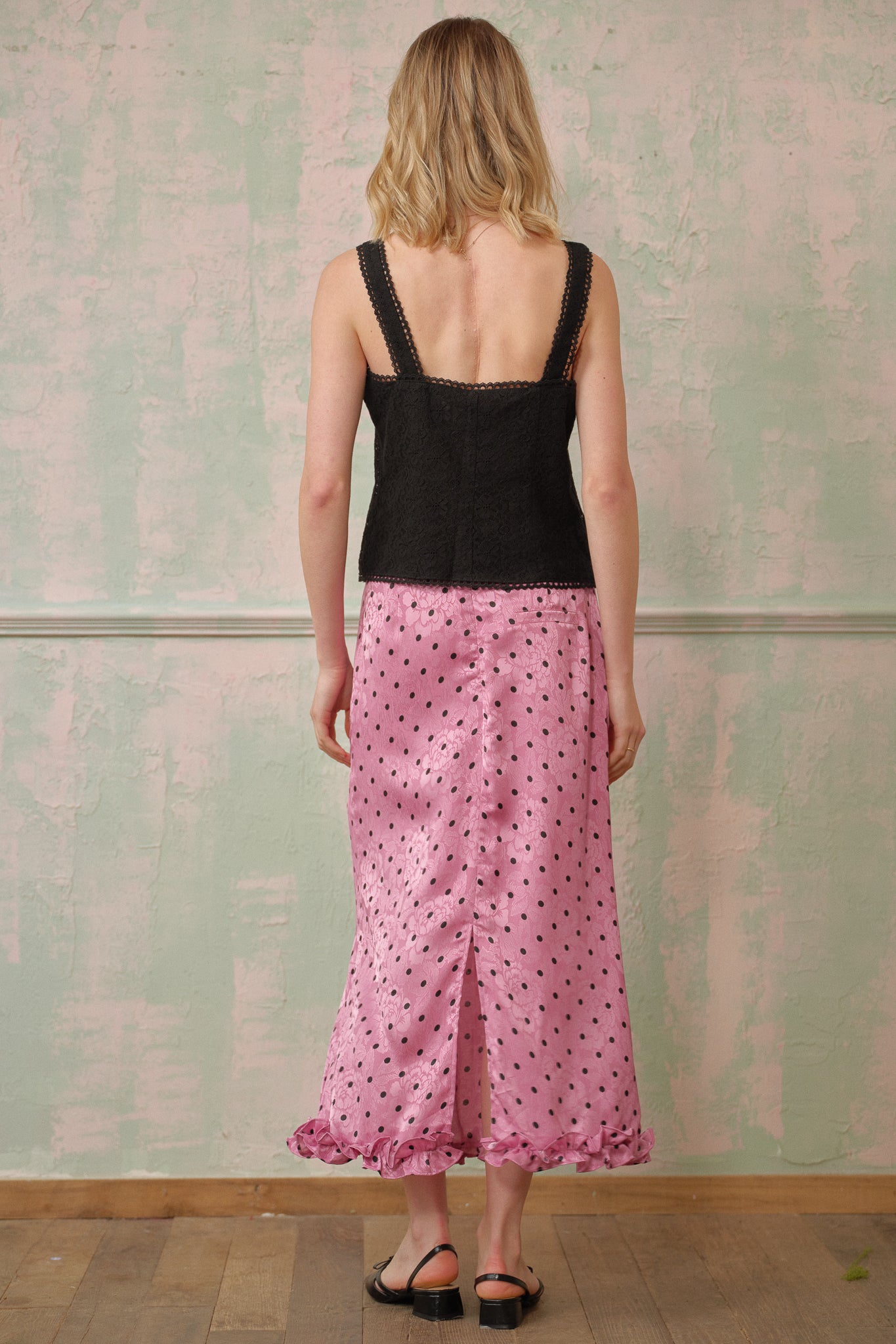 RP2699 - Polka Dot Satin Midi Skirt with Ruffle Hem (2S-2M-2L)