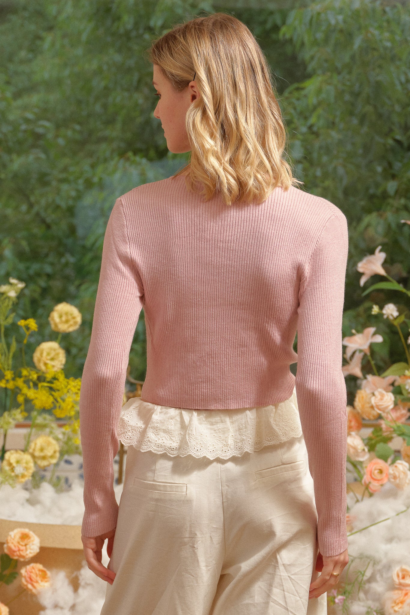 Blush Pink Wool Blend Lace-Up Ribbed Crop Top (2S-2M-2L)