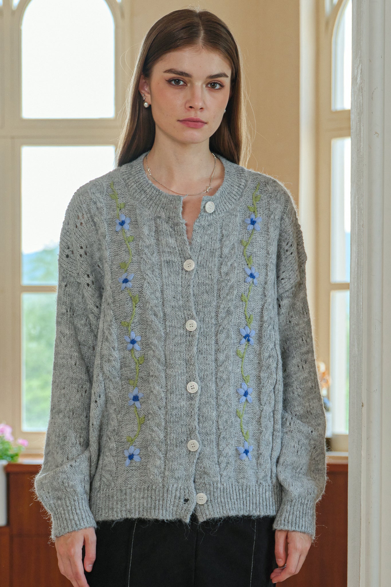 Grey Cable Knit Cardigan with Blue Floral Embroidery (2S-2M-2L)