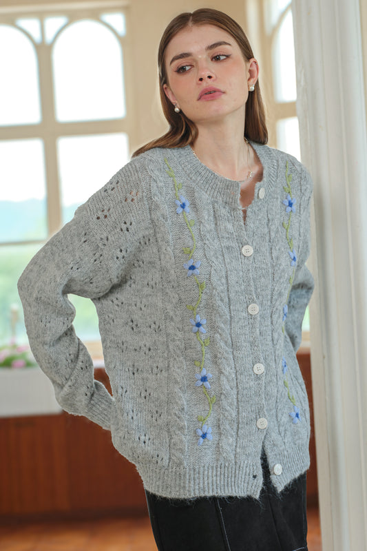 Grey Cable Knit Cardigan with Blue Floral Embroidery (2S-2M-2L)