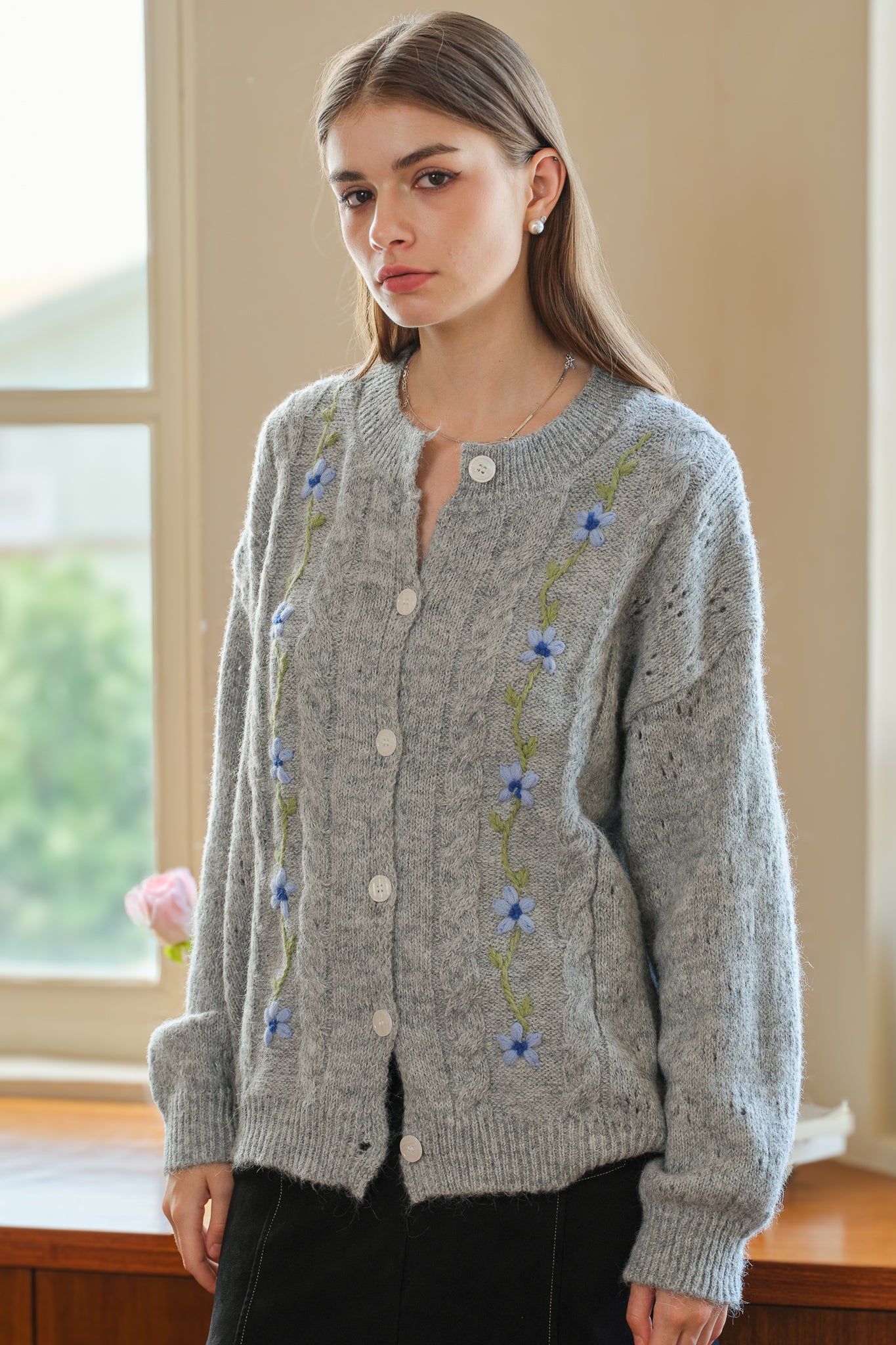 Grey Cable Knit Cardigan with Blue Floral Embroidery (2S-2M-2L)