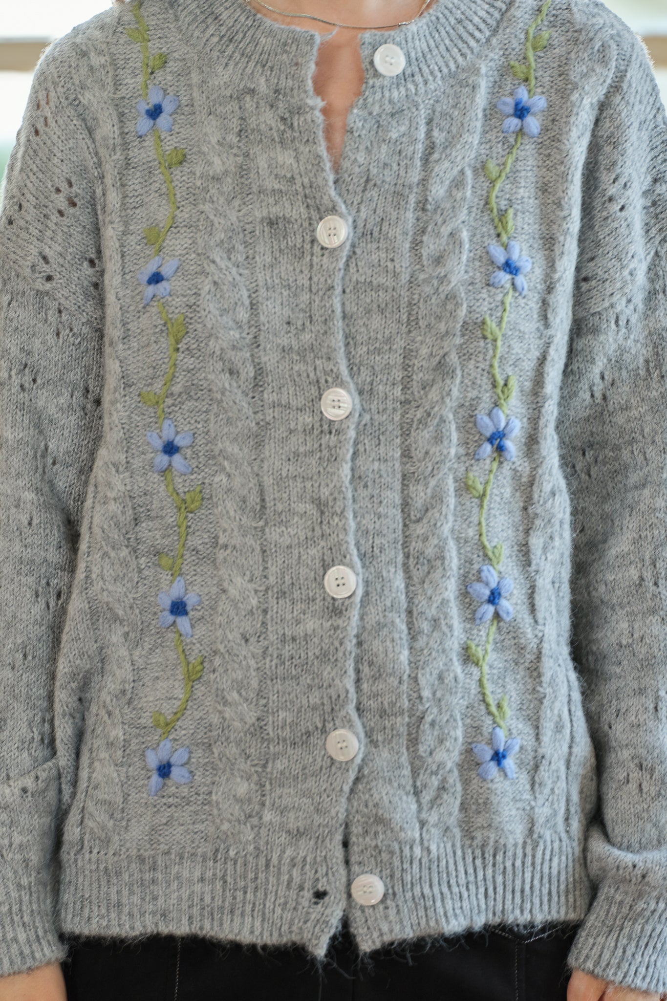 Grey Cable Knit Cardigan with Blue Floral Embroidery (2S-2M-2L)