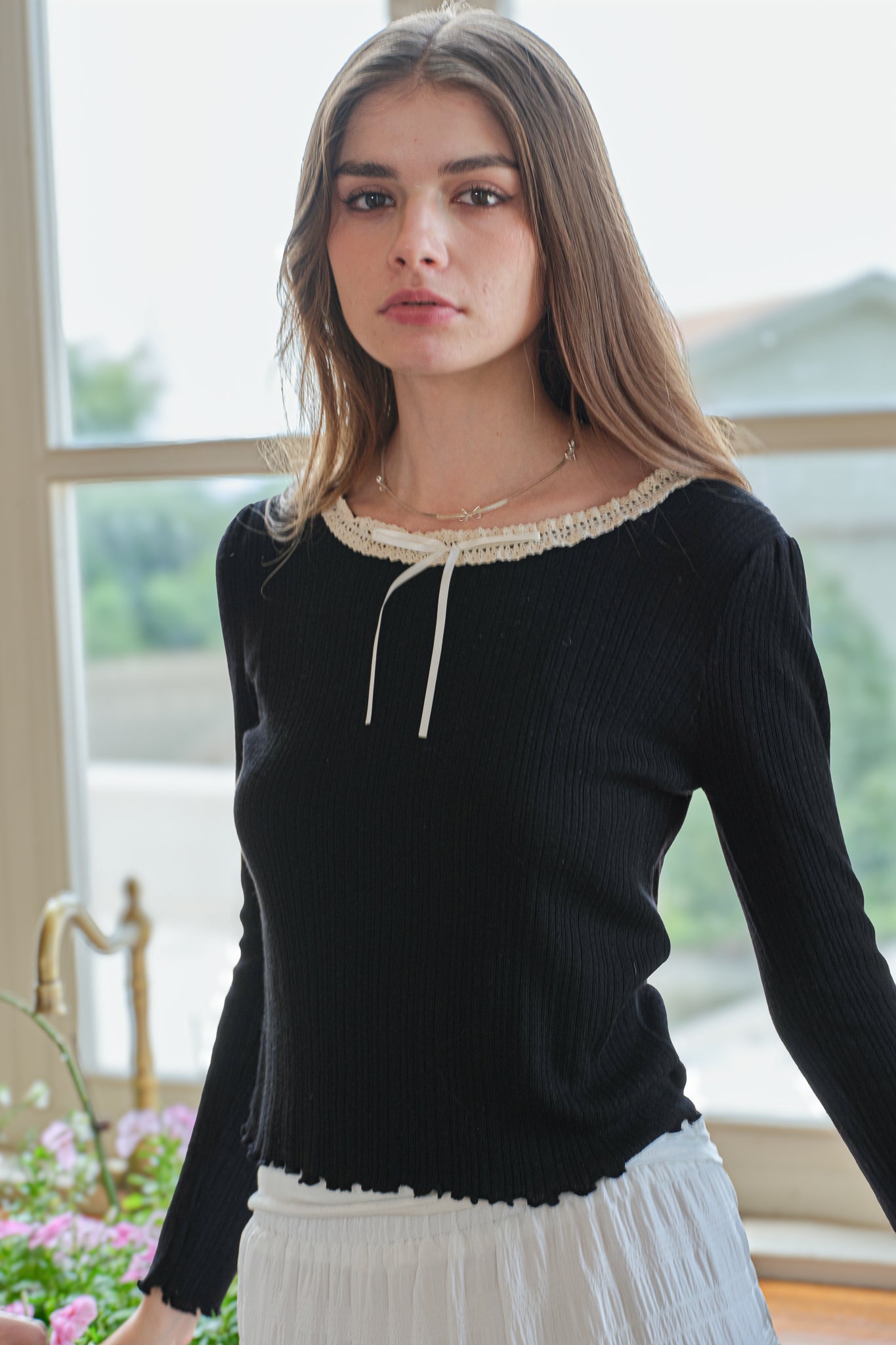 RP2548 - Knit Top with Lace and Ribbon (Black) (2S-2M-2L)