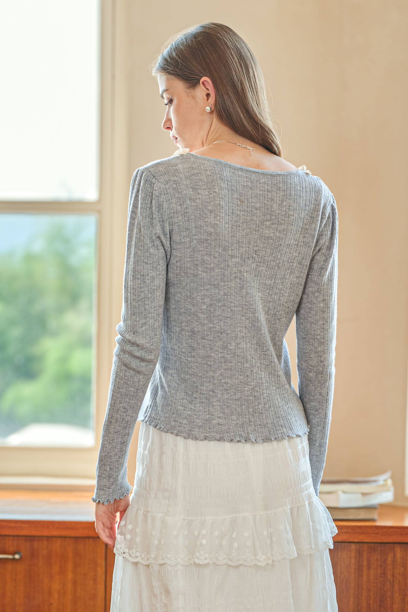 Knit Top with Lace and Ribbon (Soft Grey) (2S-2M-2L)